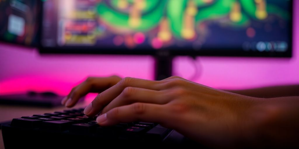 Gamer at desk, glowing screen, focused