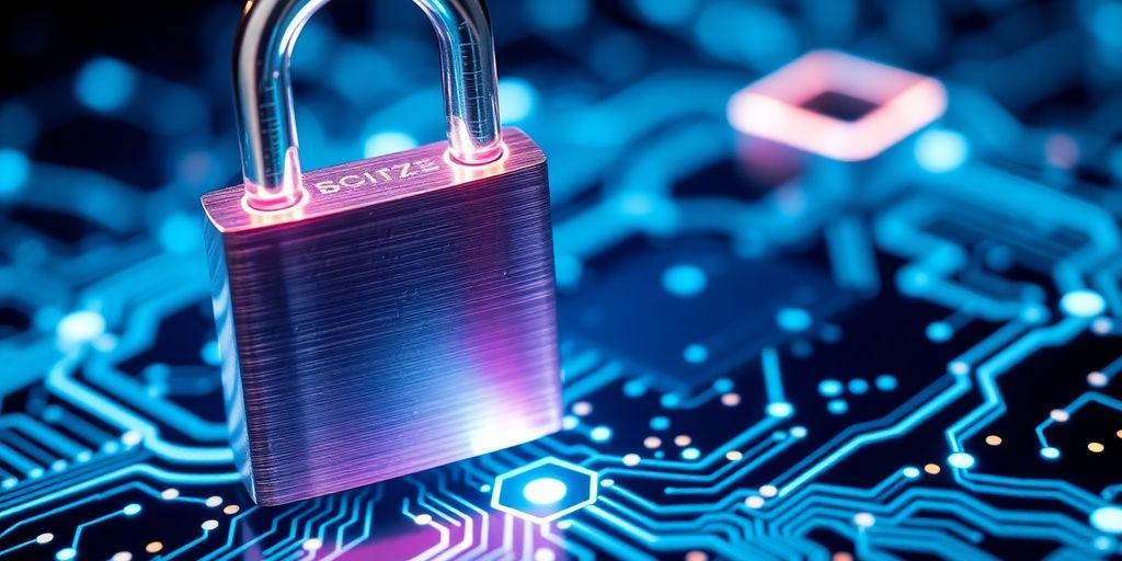 Digital padlock on circuit board background.