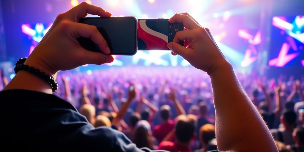 An influencer takes a selfie at a crowded music festival.