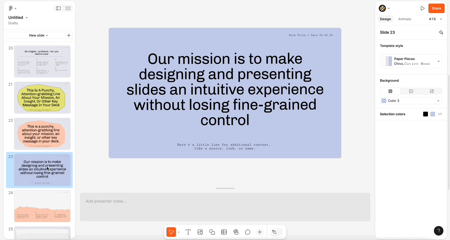 Use Figma's AI tone of voice selector to instantly adjust the tone of your slide text, choosing between concise, expanded, casual, or professional styles.