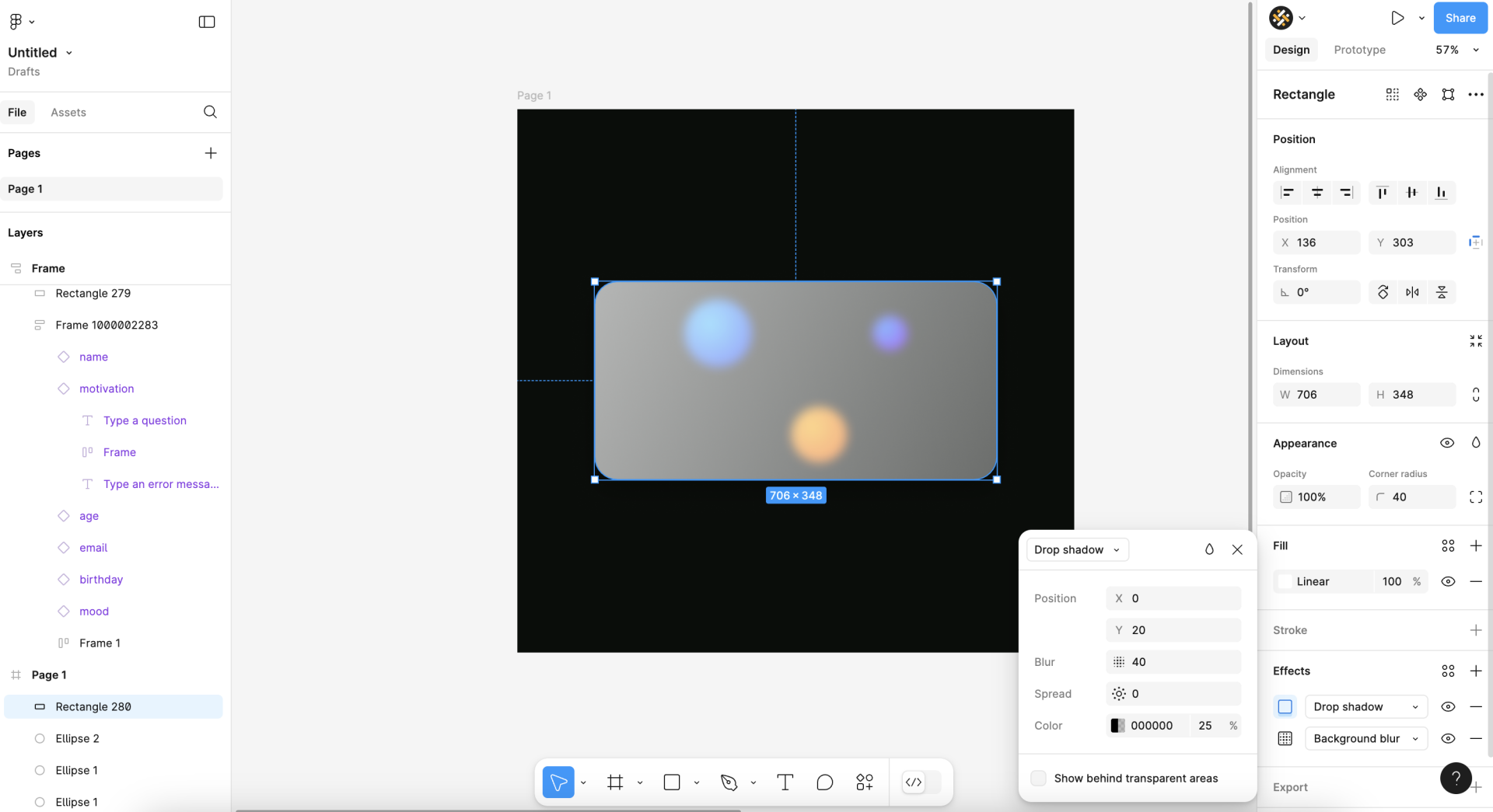 Screenshot of Figma showcasing how to use the drop shadow effect in glassmorphism.