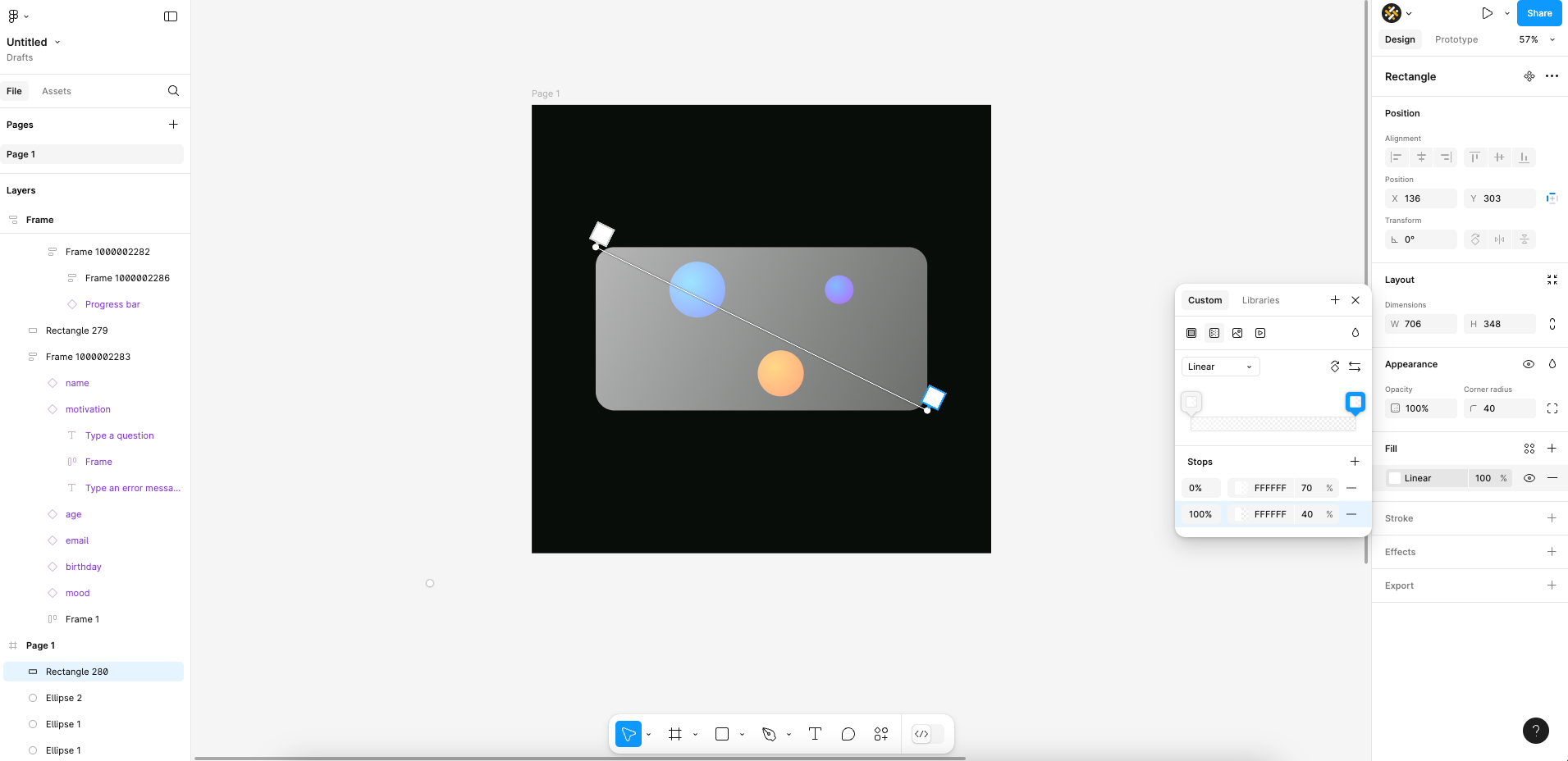 Screenshot of Figma, showing how to vary opacity in a rectangle to create a glass card.