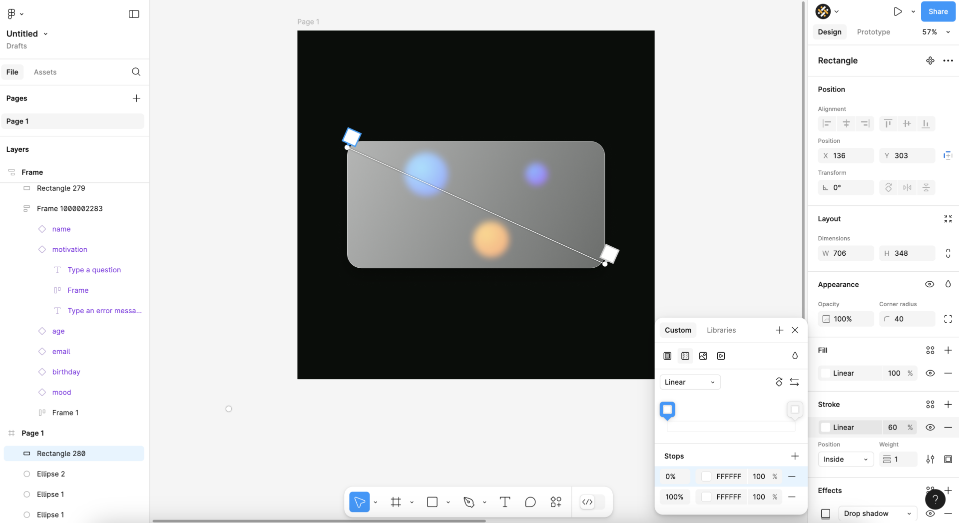 Screenshot of Figma showcasing how to use a stroke to add an edge to a glassmorphic element.