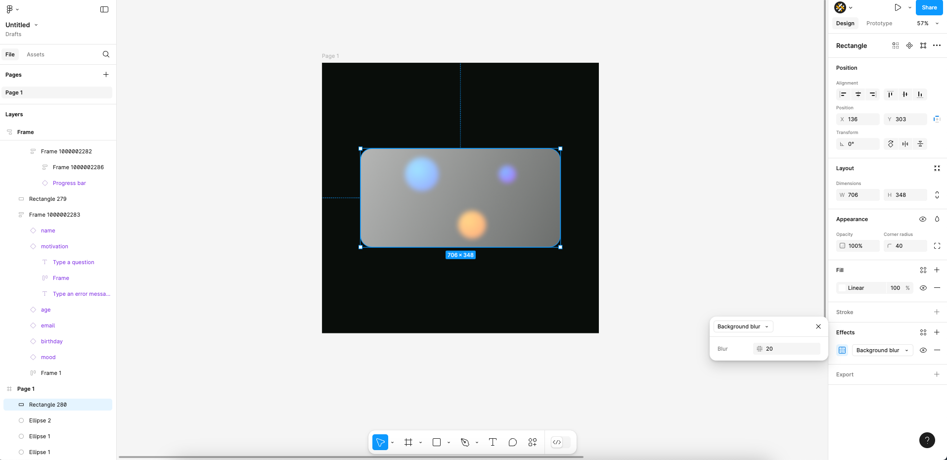 Screenshot of Figma showcasing how to use the background blur effect in glassmorphism.