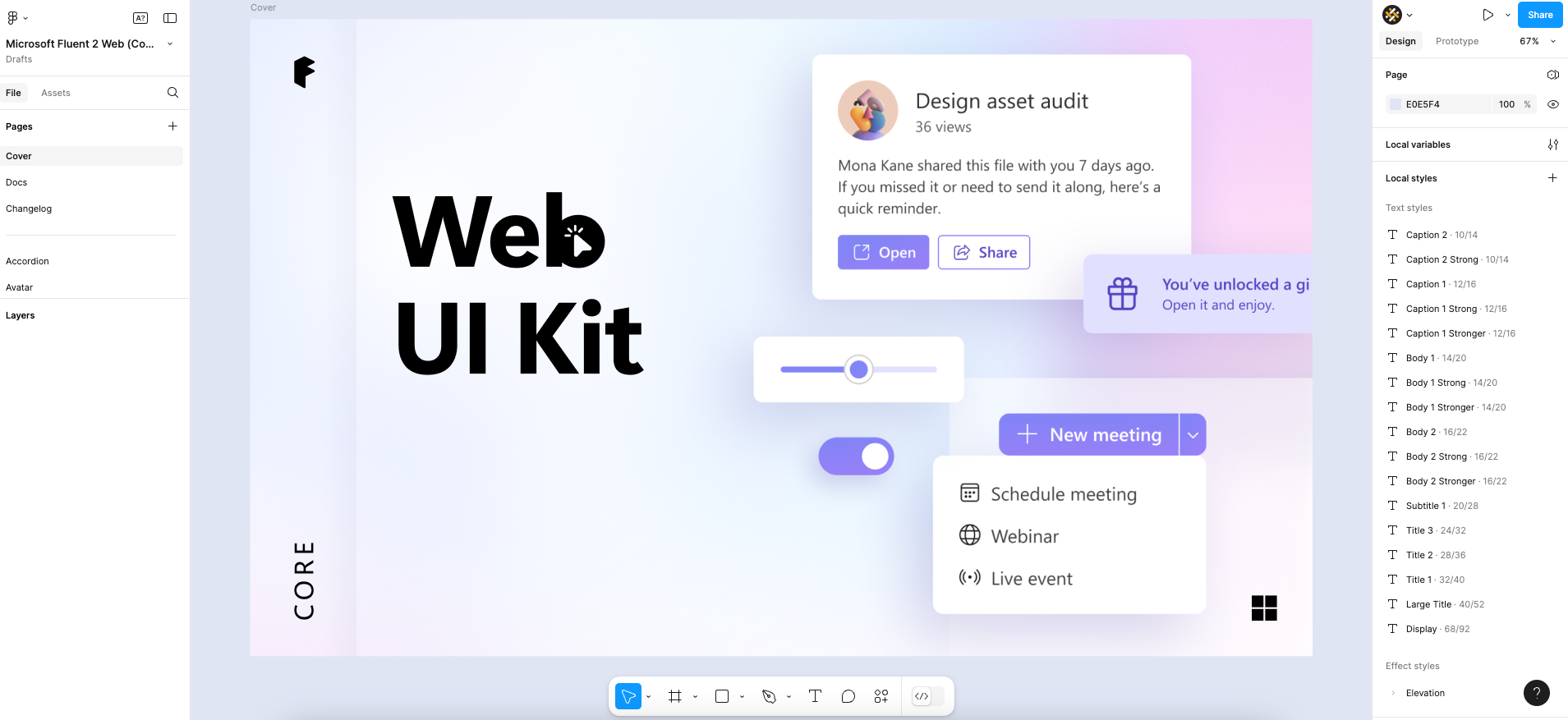 Screenshot of Microsoft's Fluent 2 UI kit in Figma showcasing its glassmorphism design.