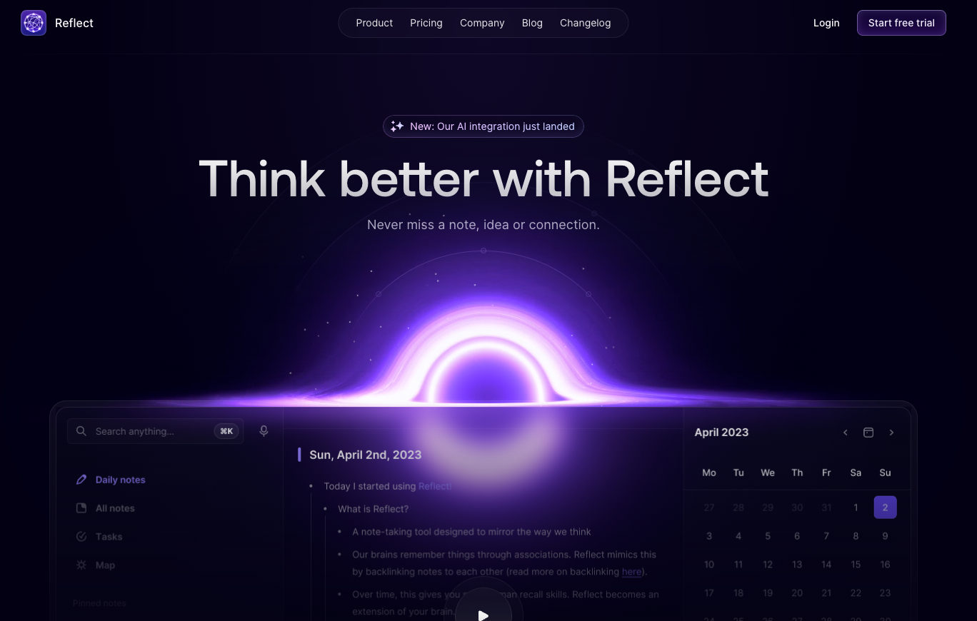Screenshot of Reflect's landing page showcasing its glassmorphism style.
