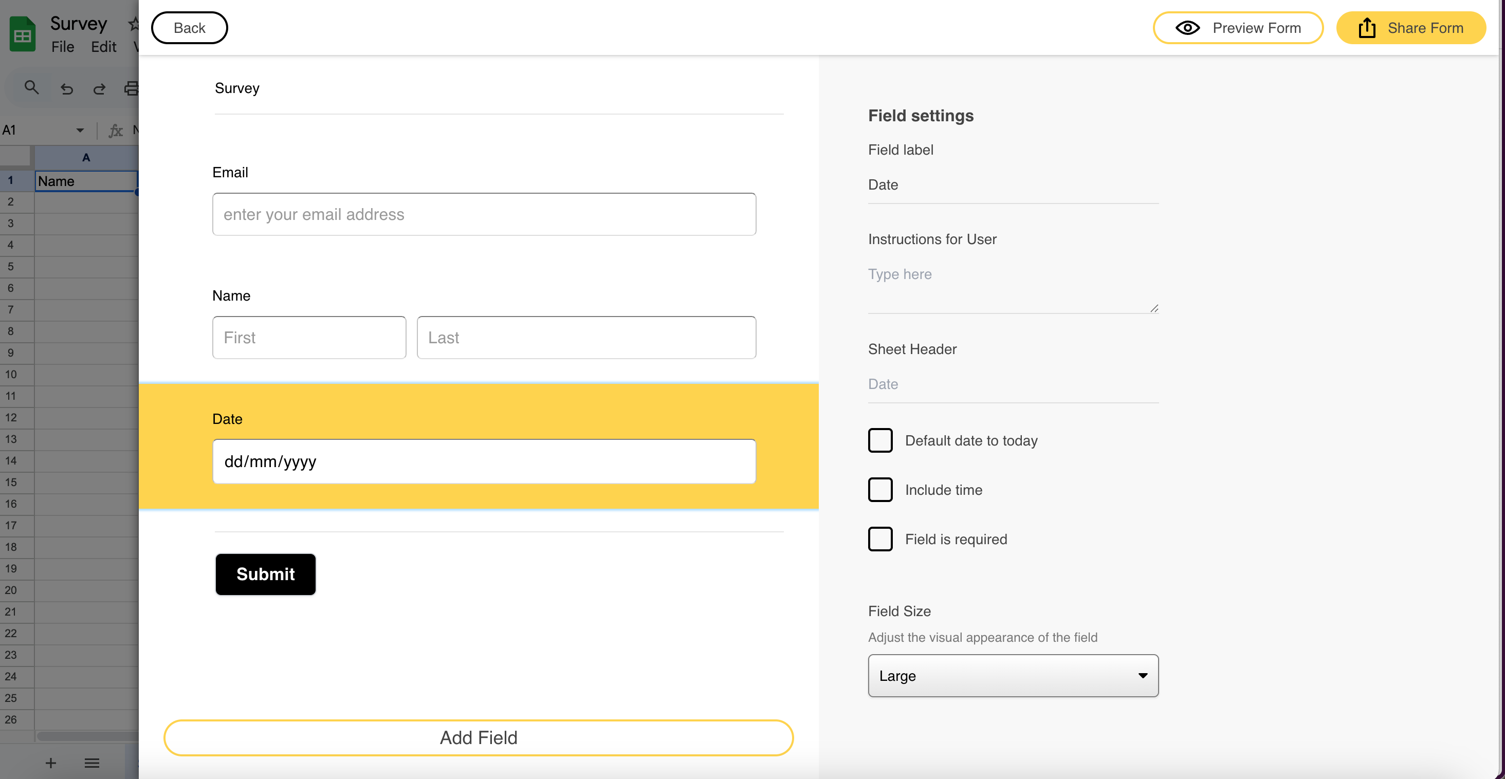 A form builder Sheet Monkey that works as a Chrome extension and lets you build forms within Google Sheets