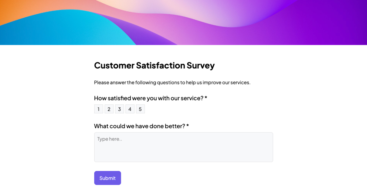 customer satisfaction survey examples: CSAT survey built with an AI-native form and survey tool Weavely