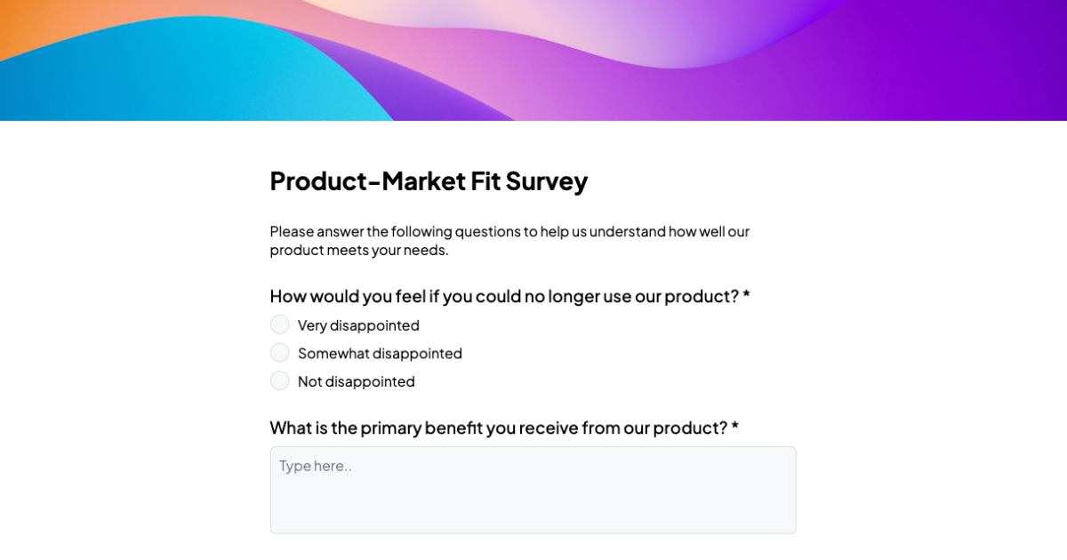 Collecting valuable information on a product-market fit, understanding how users perceive the product. Feedback survey built with an AI form tool Weavely