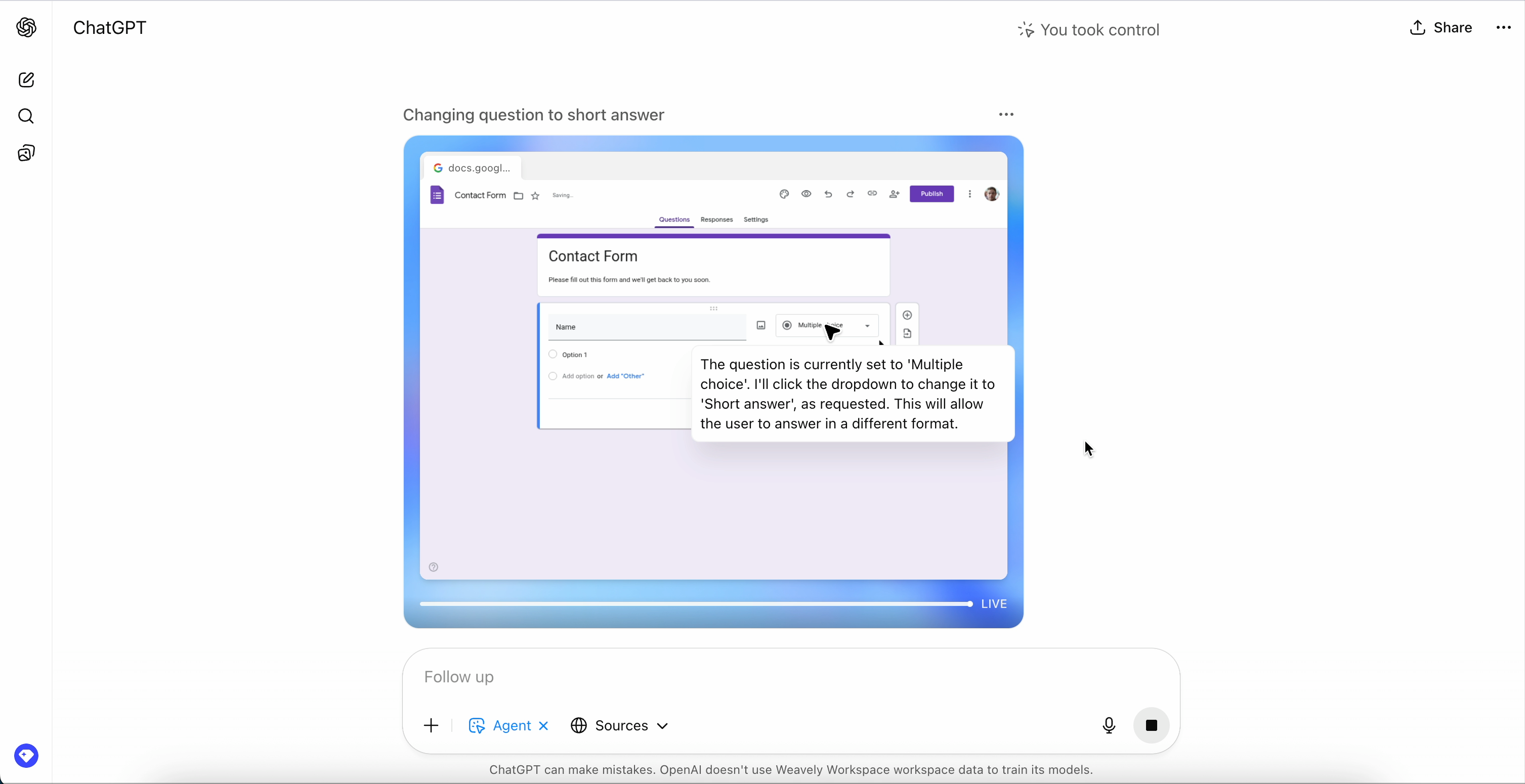 ChatGPT Agent Mode editing a Google Form, changing a question type from “Multiple choice” to “Short answer” during automated form creation.