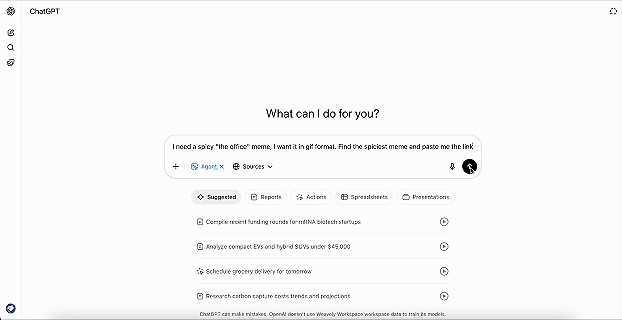 ChatGPT Agent Mode example showing user prompt to find a spicy “The Office” meme in GIF format.