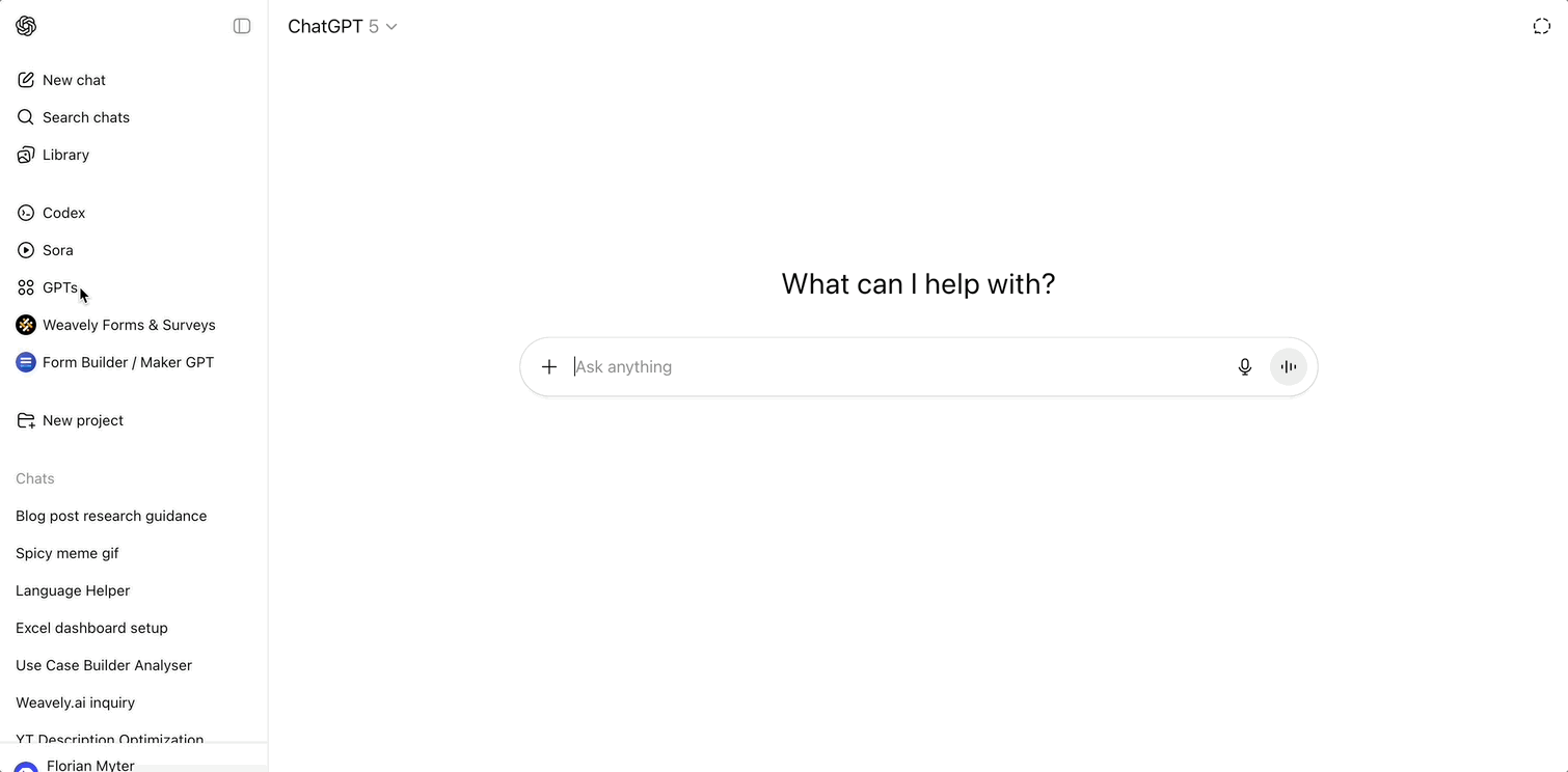 How to find the Weavely Forms & Surveys Custom GPT in ChatGPT: user opens the GPTs menu from the sidebar to locate and select it