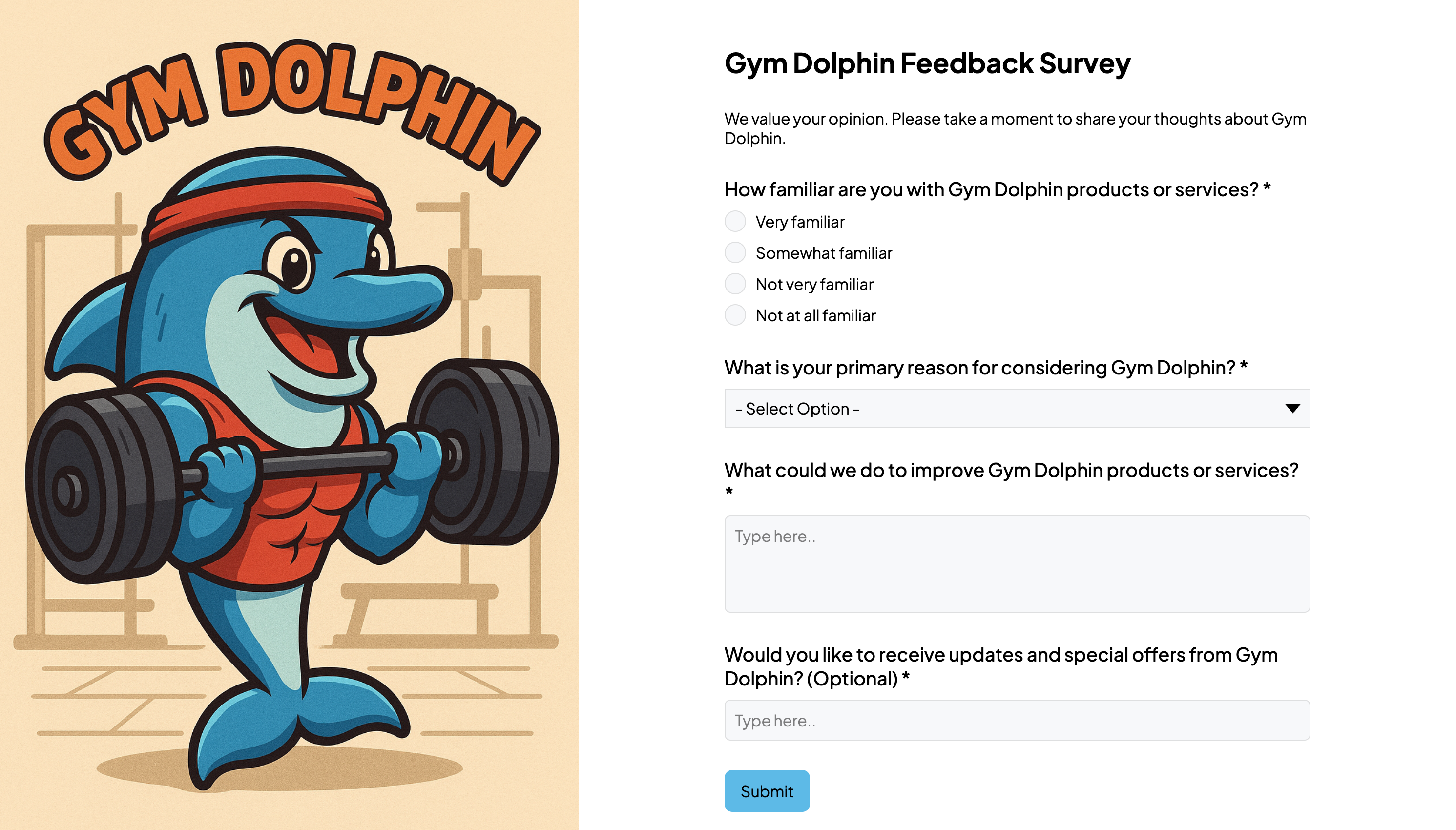 Screenshot of Gym Dolphin feedback survey form created with Weavely.ai, showing multiple-choice familiarity question, dropdown for reasons, and open-ended text fields. Example of an online survey used in market research and customer satisfaction studies.