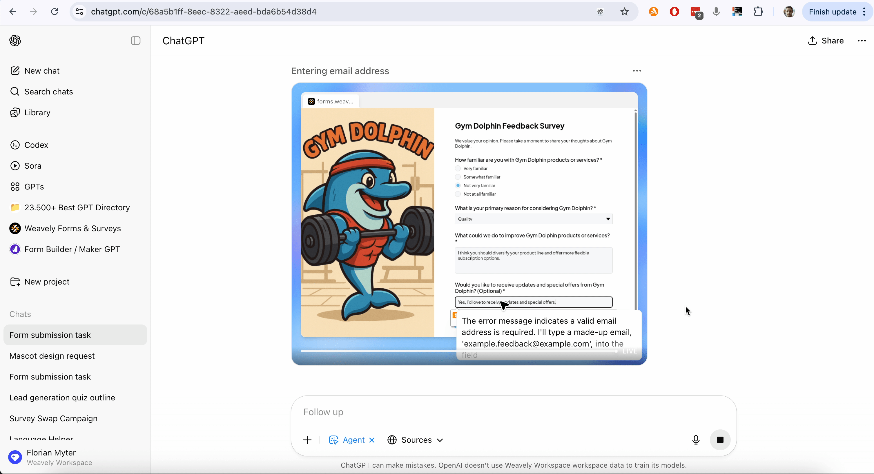 Screenshot of ChatGPT Agent Mode auto-filling the Gym Dolphin feedback survey in Weavely.ai, showing email validation error and correction process for accurate survey responses.