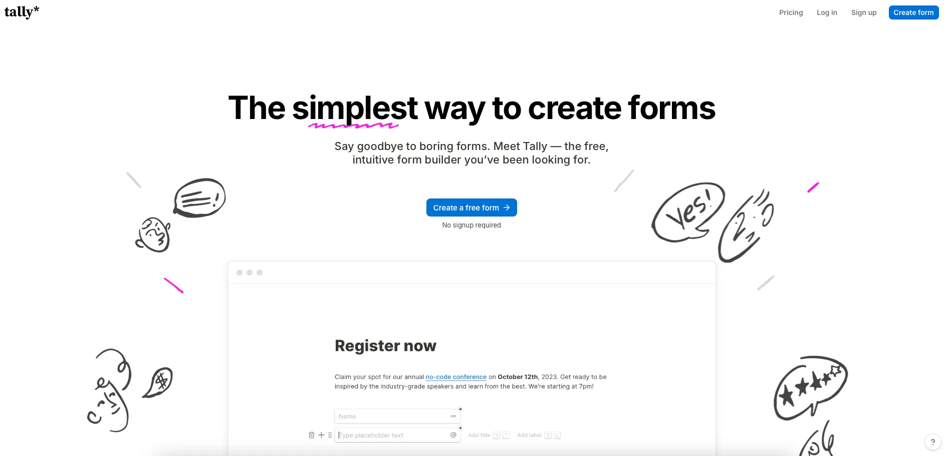 Screenshot of Tally form builder homepage with simple web forms for Figma Sites including contact and feedback form options.