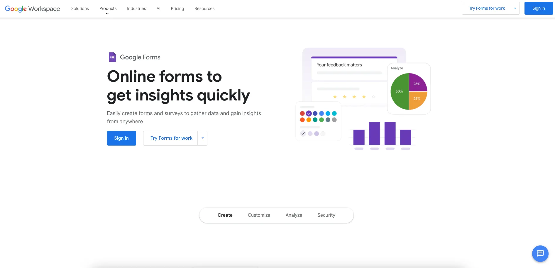 Screenshot of Google Forms landing page featuring easy web form setup and contact form templates for use with Figma Sites.