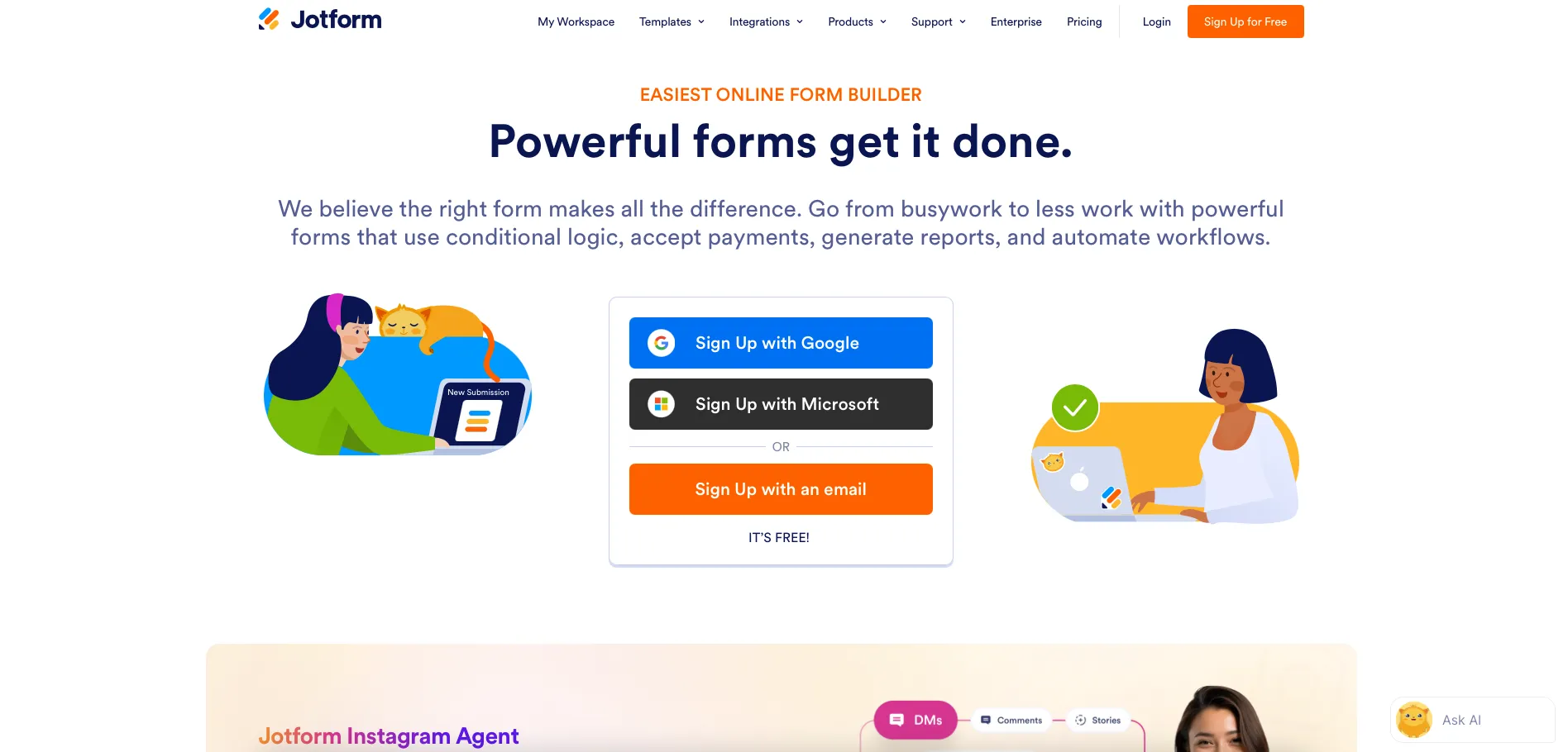 Screenshot of Jotform homepage displaying customizable web forms and feedback form builder with embed support for Figma Sites.