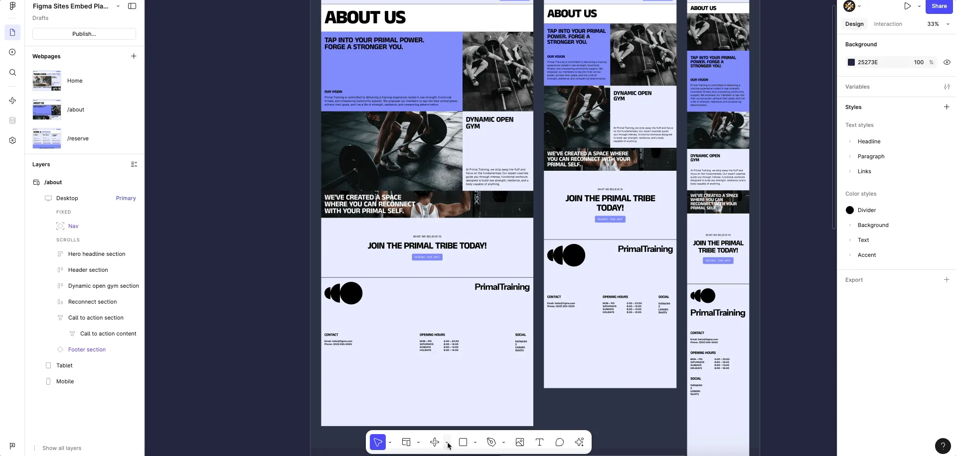 Figma Sites editor showing About Us page layout with desktop, tablet, and mobile views, used to demonstrate how to embed a web form or contact form.