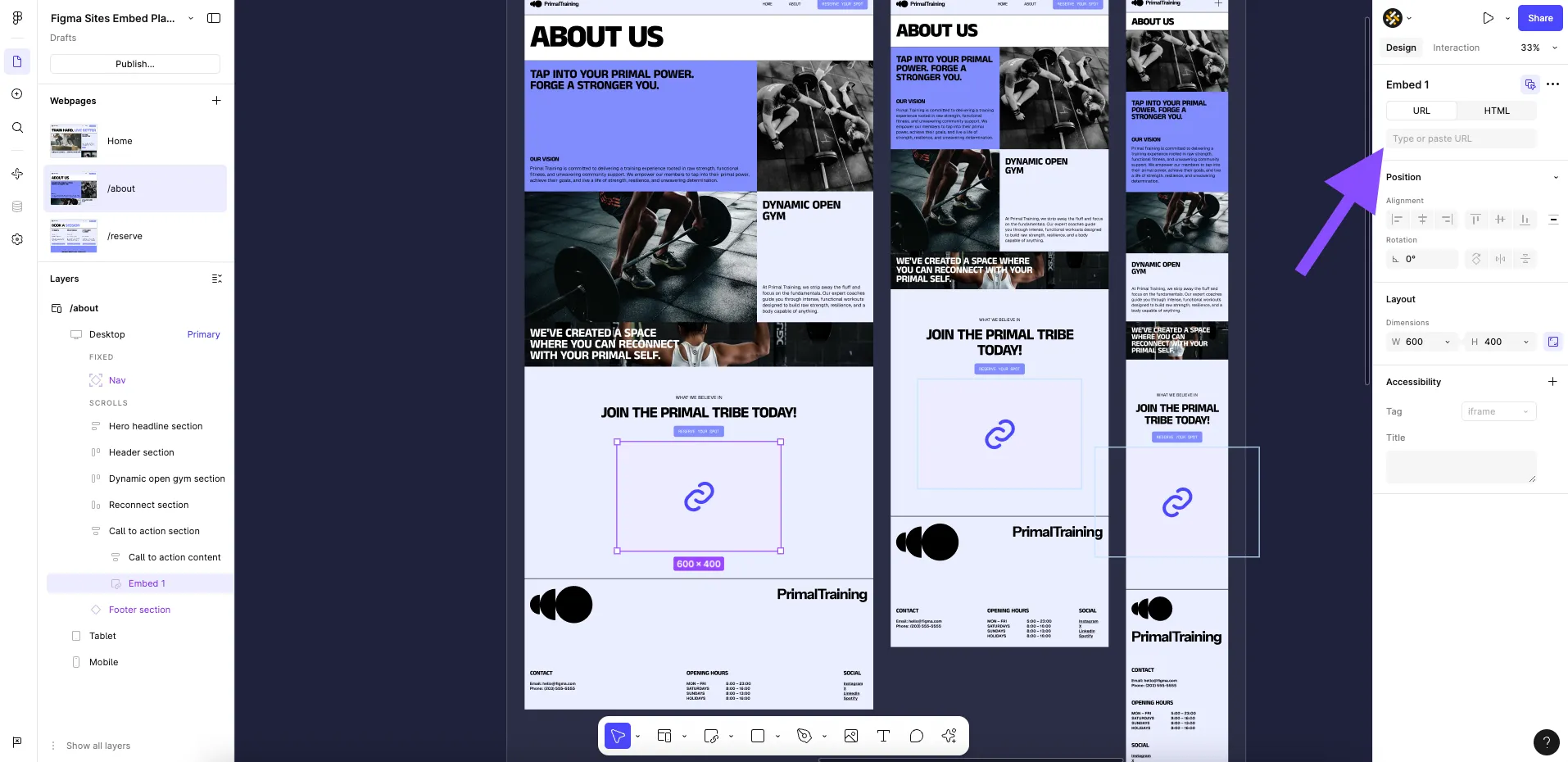 Figma Sites editor showing About Us page with embed element selected, demonstrating how to add a contact or feedback form using an embed URL or HTML.