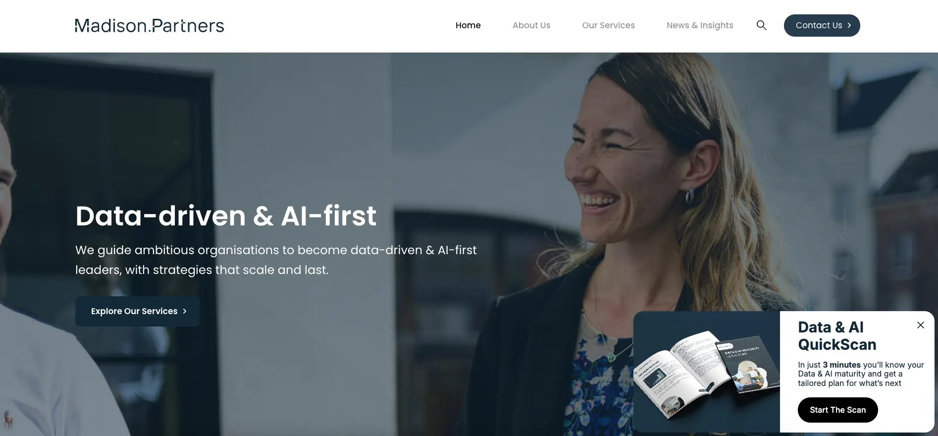 Screenshot of Madison Partners website homepage showing AI consulting services with a Data & AI QuickScan lead generation quiz pop-up offering a tailored report.