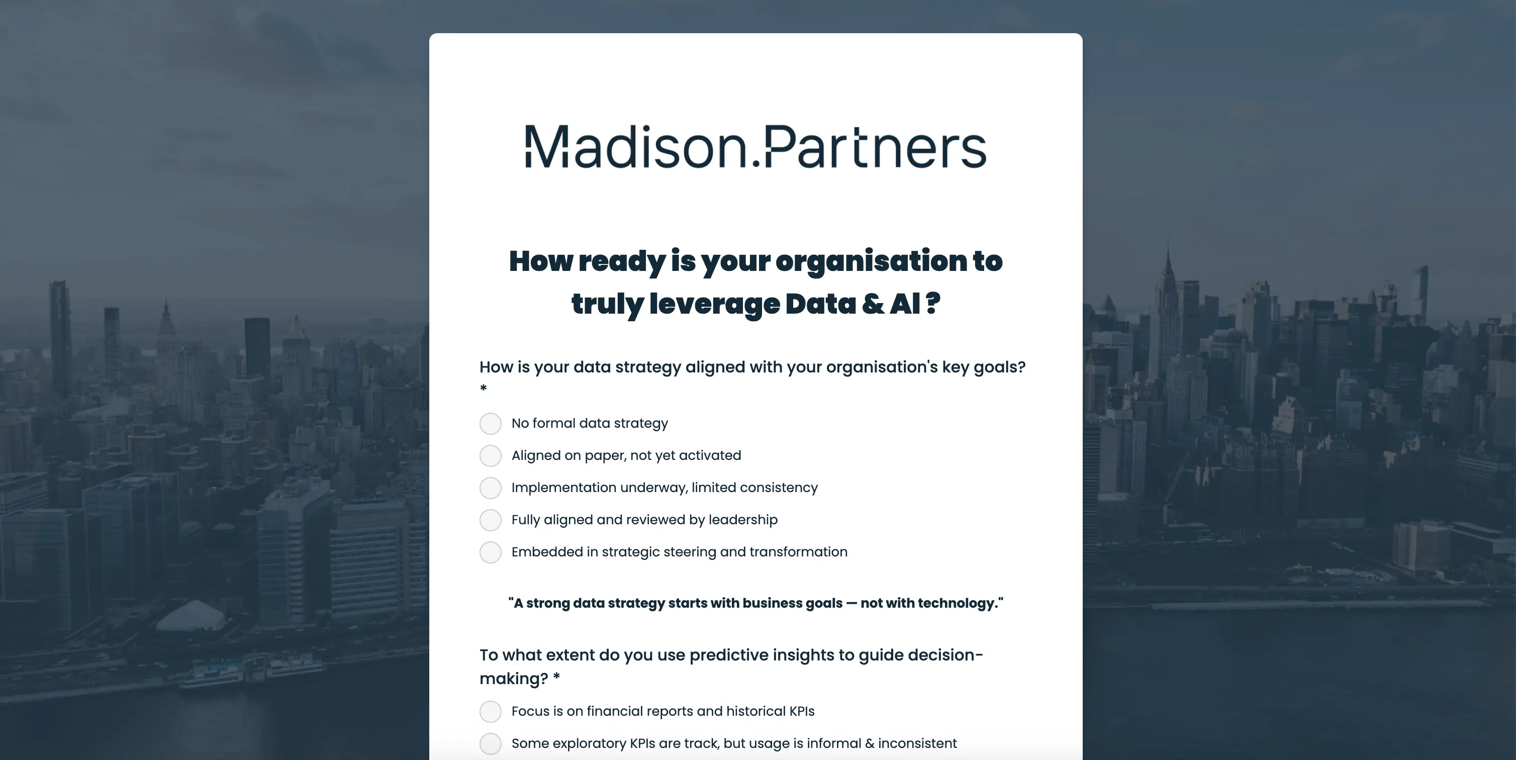 Madison Partners lead generation quiz screenshot showing data and AI readiness assessment with multiple-choice questions to qualify business leads.