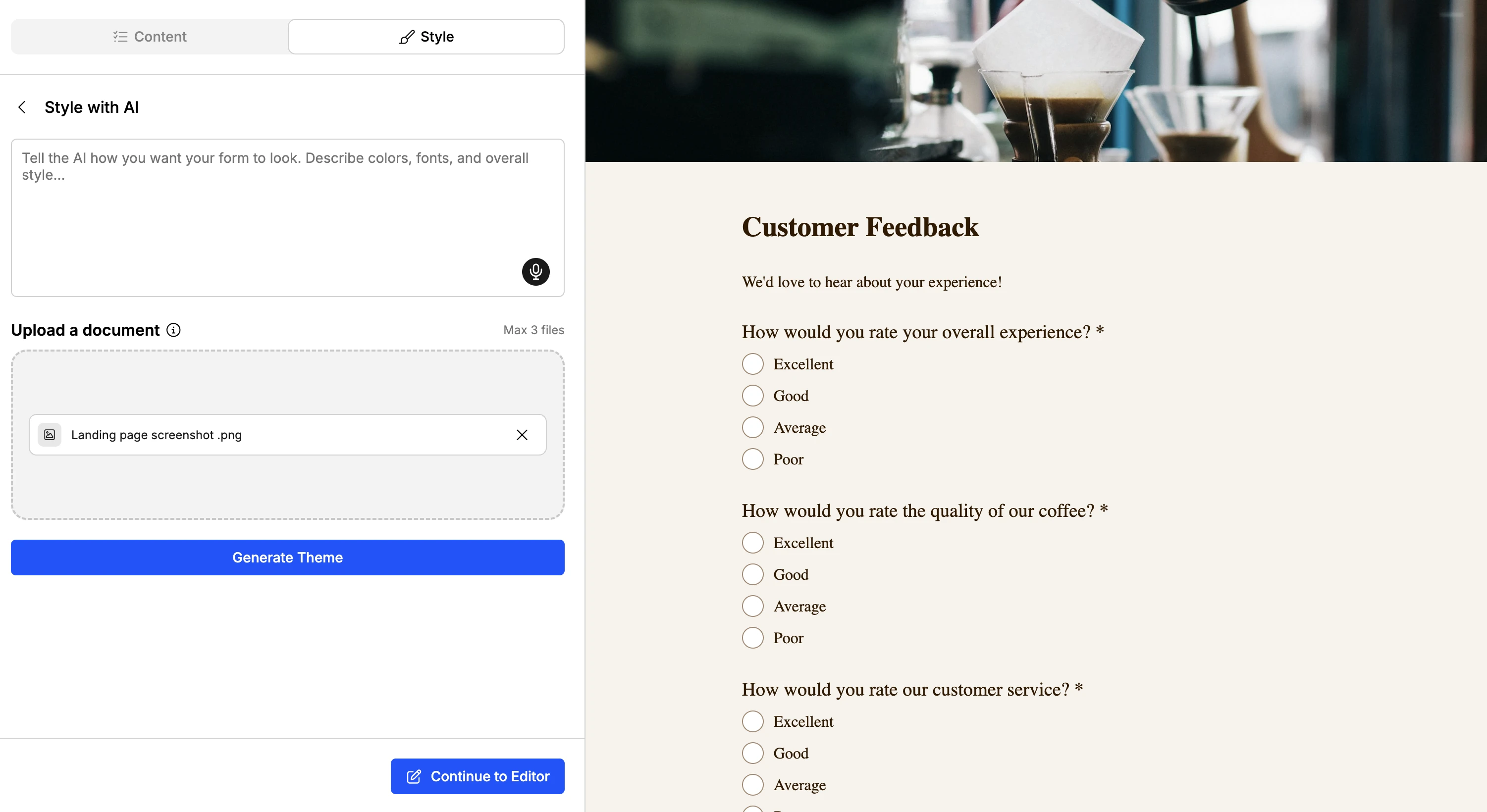 Creating and designing a form to collect feedback with AI in Weavely