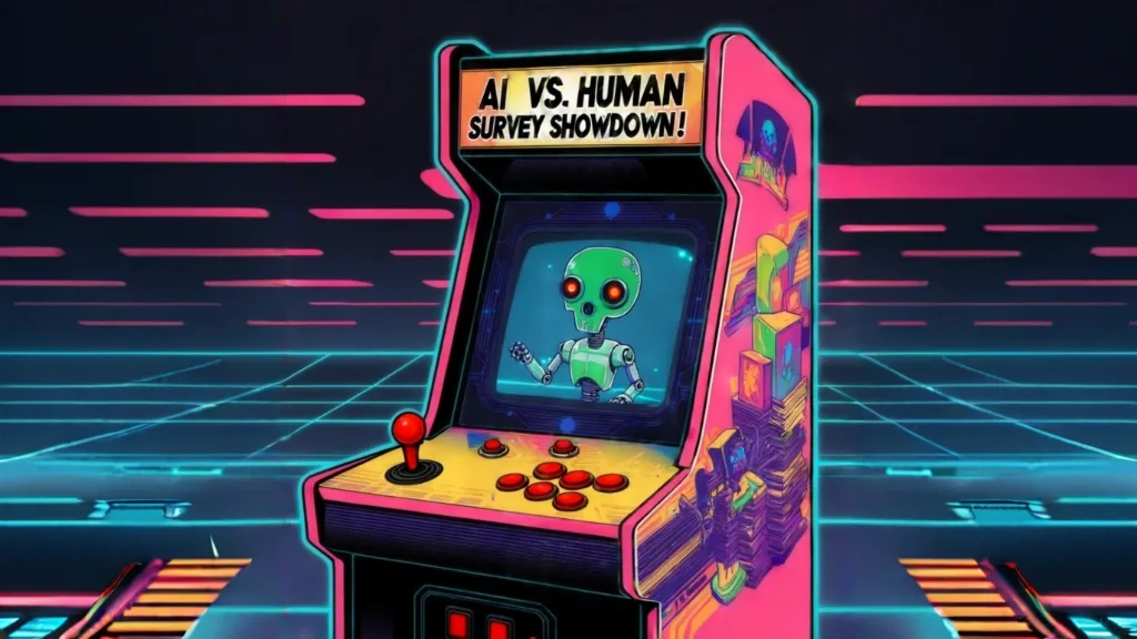 A retro cartoon depicting a "AI vs. Human, Survey Showdown" arcade game