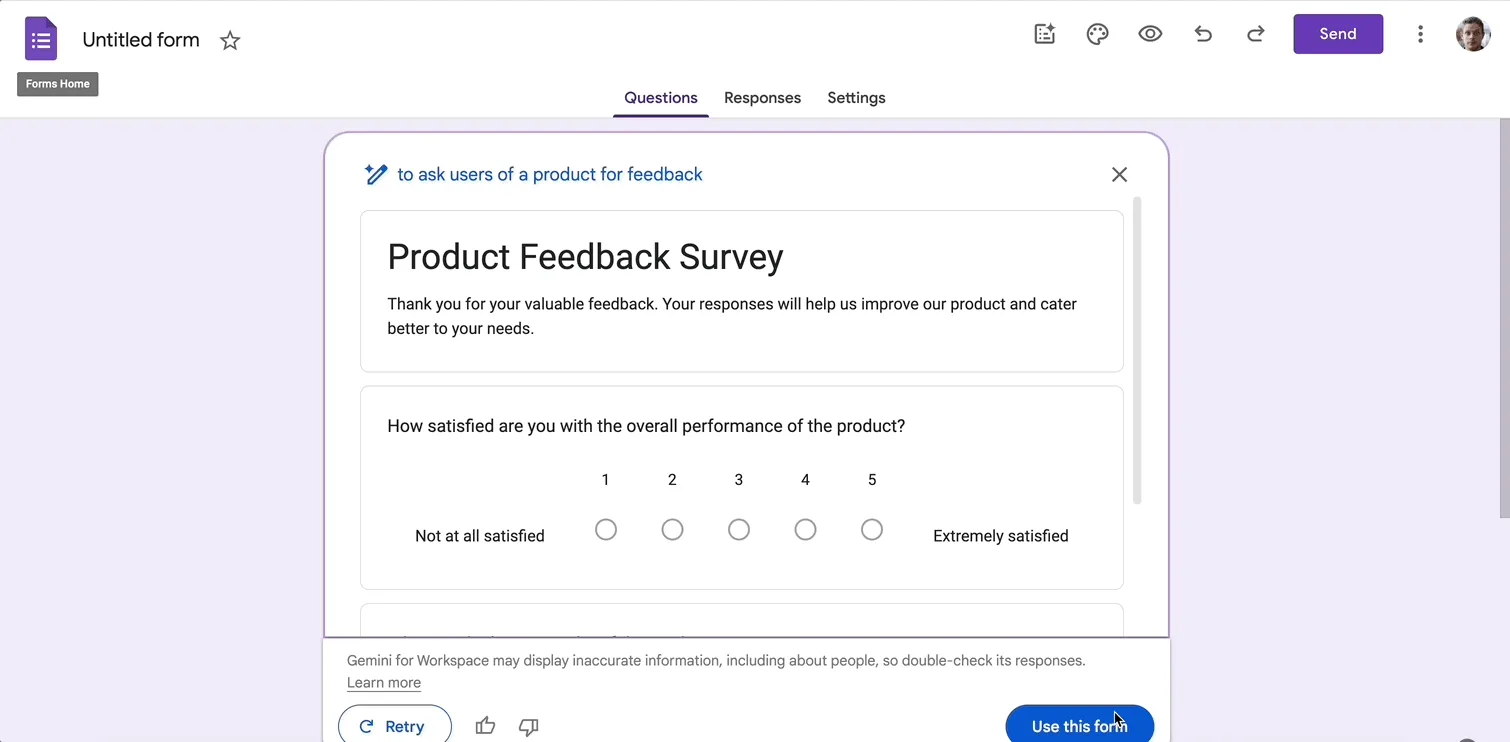 Animated gif showing how to import an AI generated form into Google Forms.