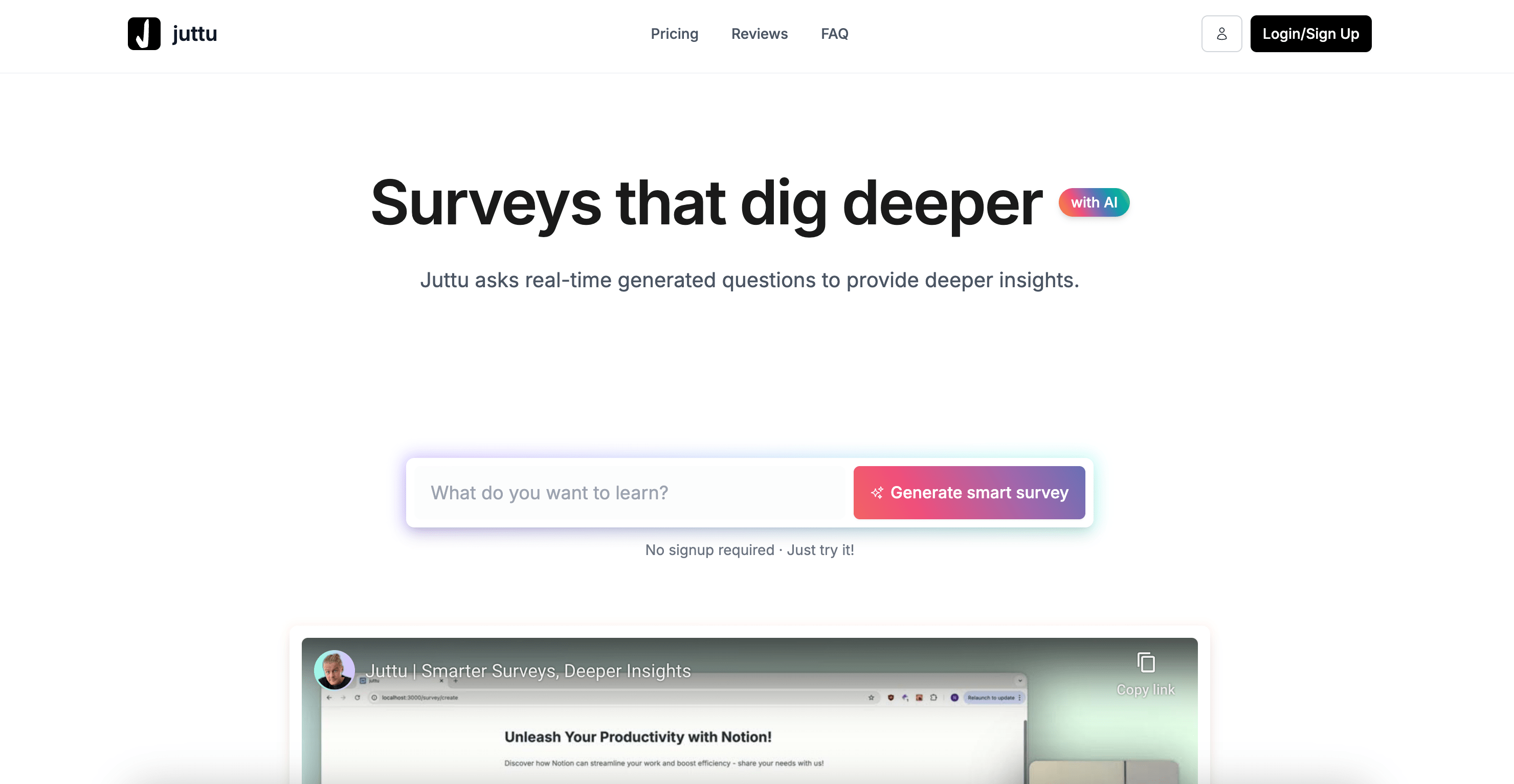 Landing page of Juttu.co, an AI-native survey builder