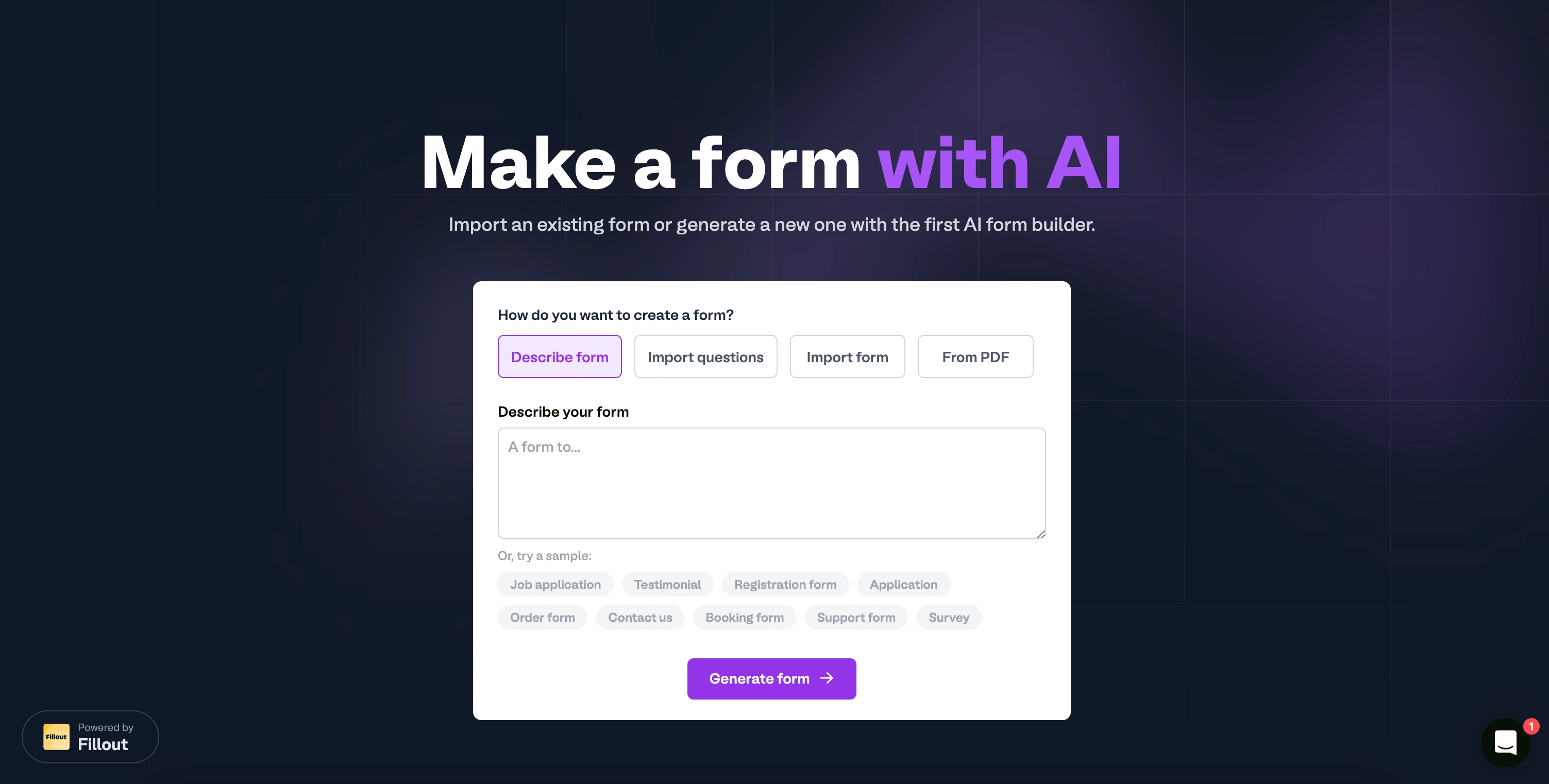 Landing page of Fillout, Make a form with AI