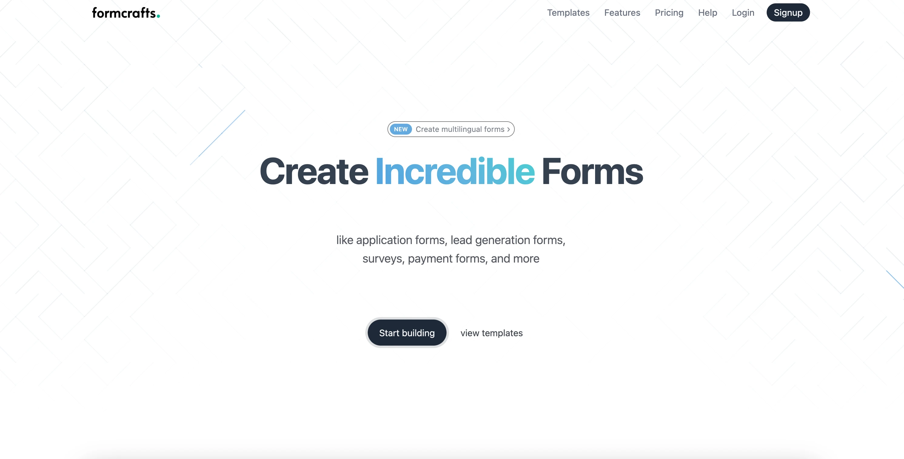 Landing page of FormCrafts, create incredible forms