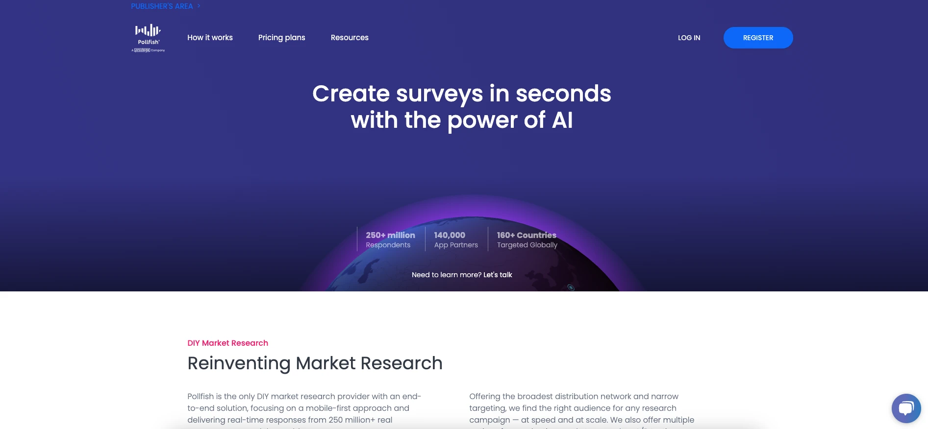 Pollfish landing page, AI-powered market research tool