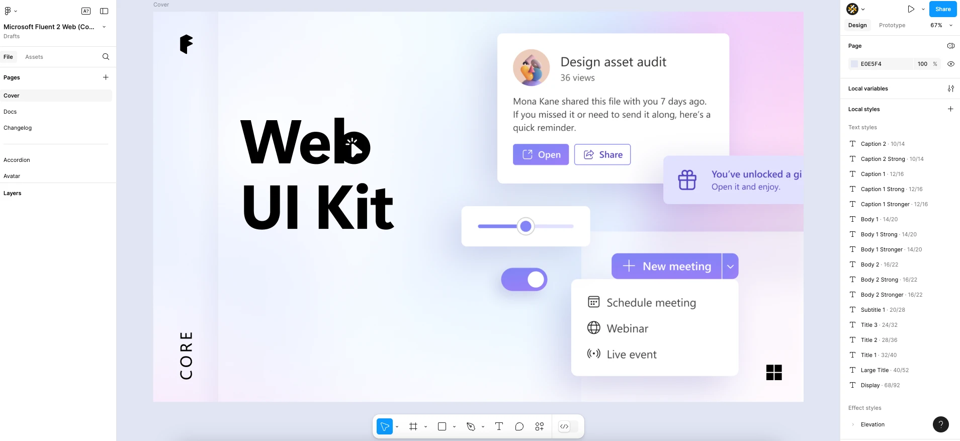 Screenshot of Microsoft's Fluent 2 UI kit in Figma showcasing its glassmorphism design.