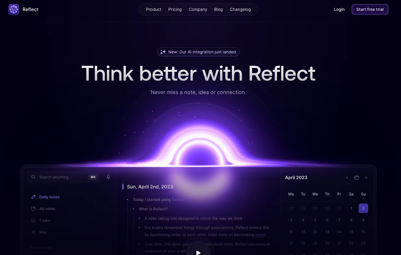 Screenshot of Reflect's landing page showcasing its glassmorphism style.