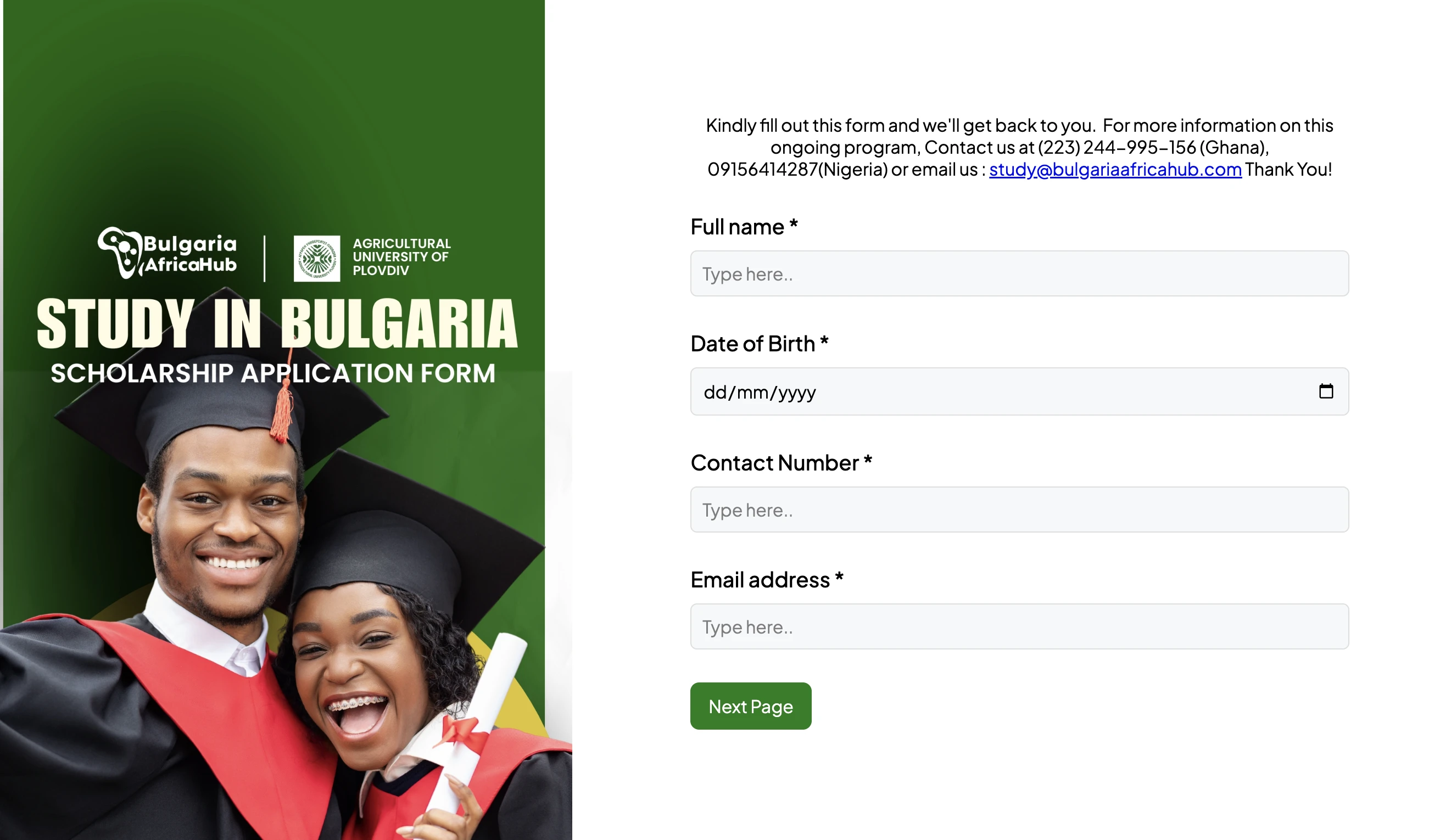 A scholarship program application form built with Weavely.ai by Bulgaria Africa Hub