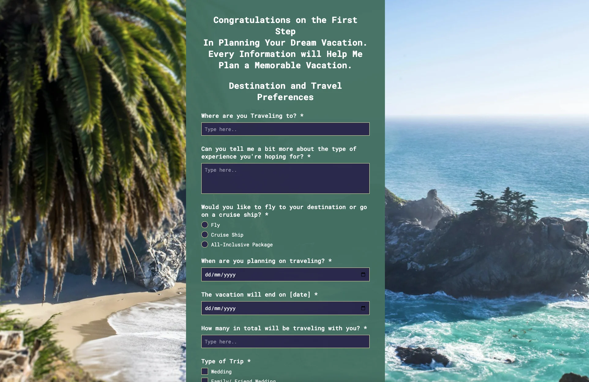 Trip planner questionnaire built in Weavely, asking for detailed lead information to provide customized services