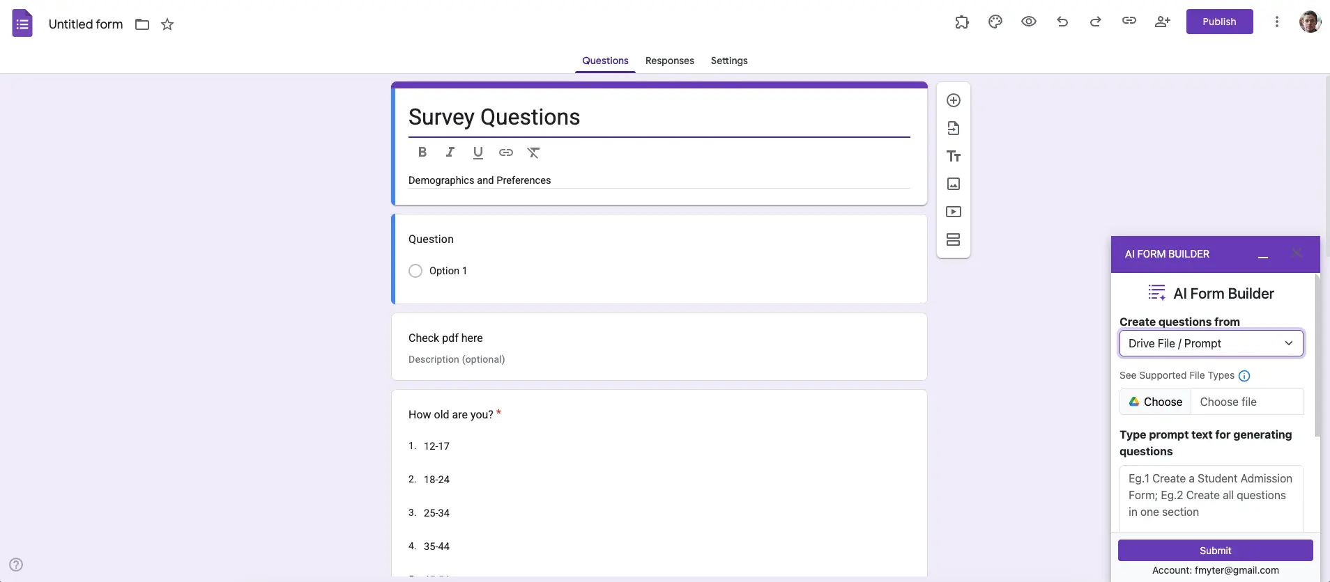 Screenshot showing how to use the AI Form Builder add-on for Google Forms