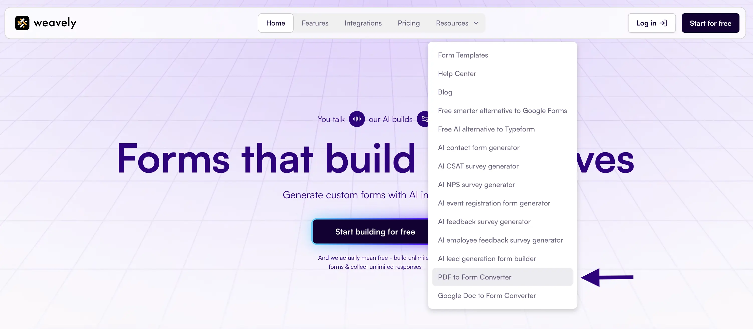 Screenshot of the weavely homepage showing the link to the "PDF to Form Converter"