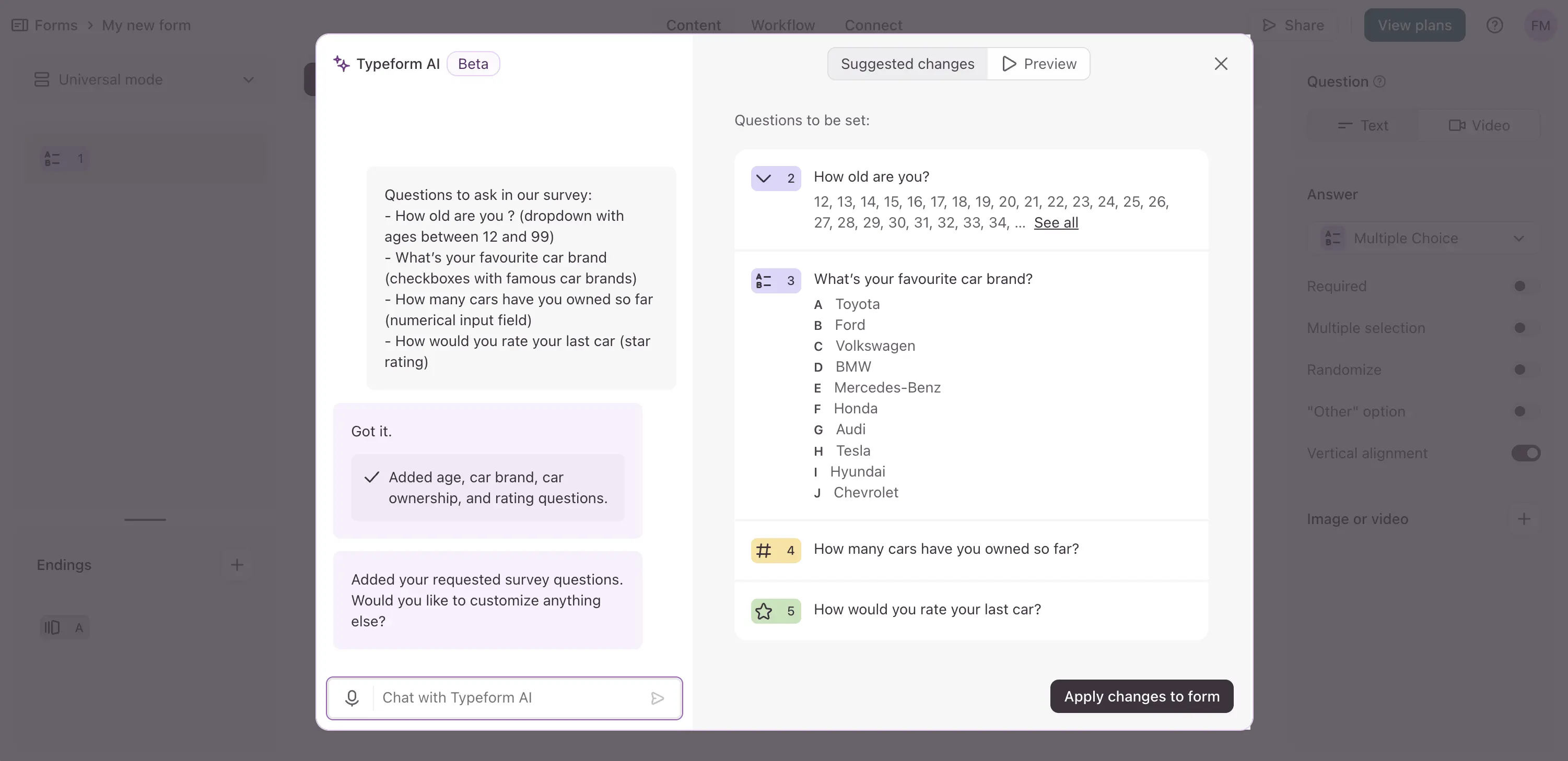 Screenshot of Typeform AI adding questions to a form