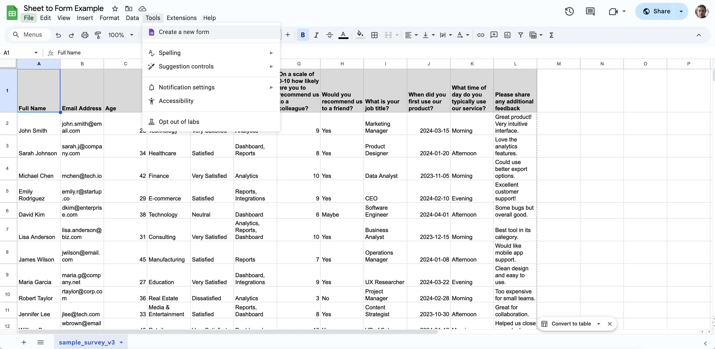 Screenshot from Google Sheets showing the "Create a new form" button