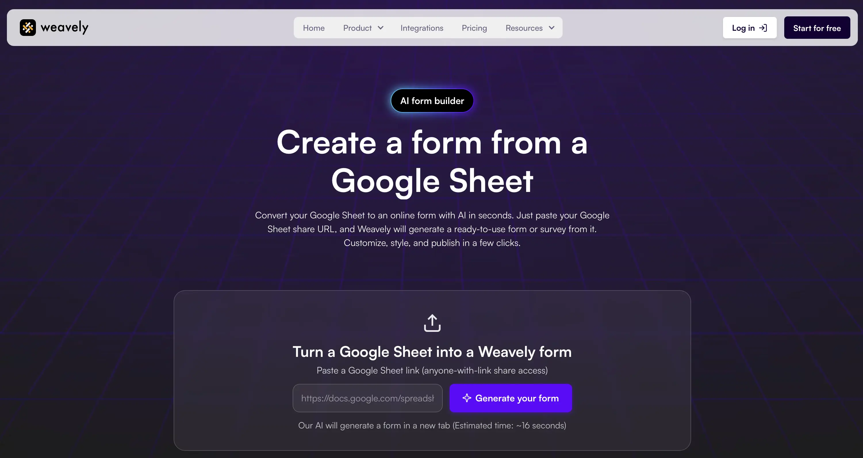 Screenshot of the free Google Sheet to Google Form tool by weavely.ai