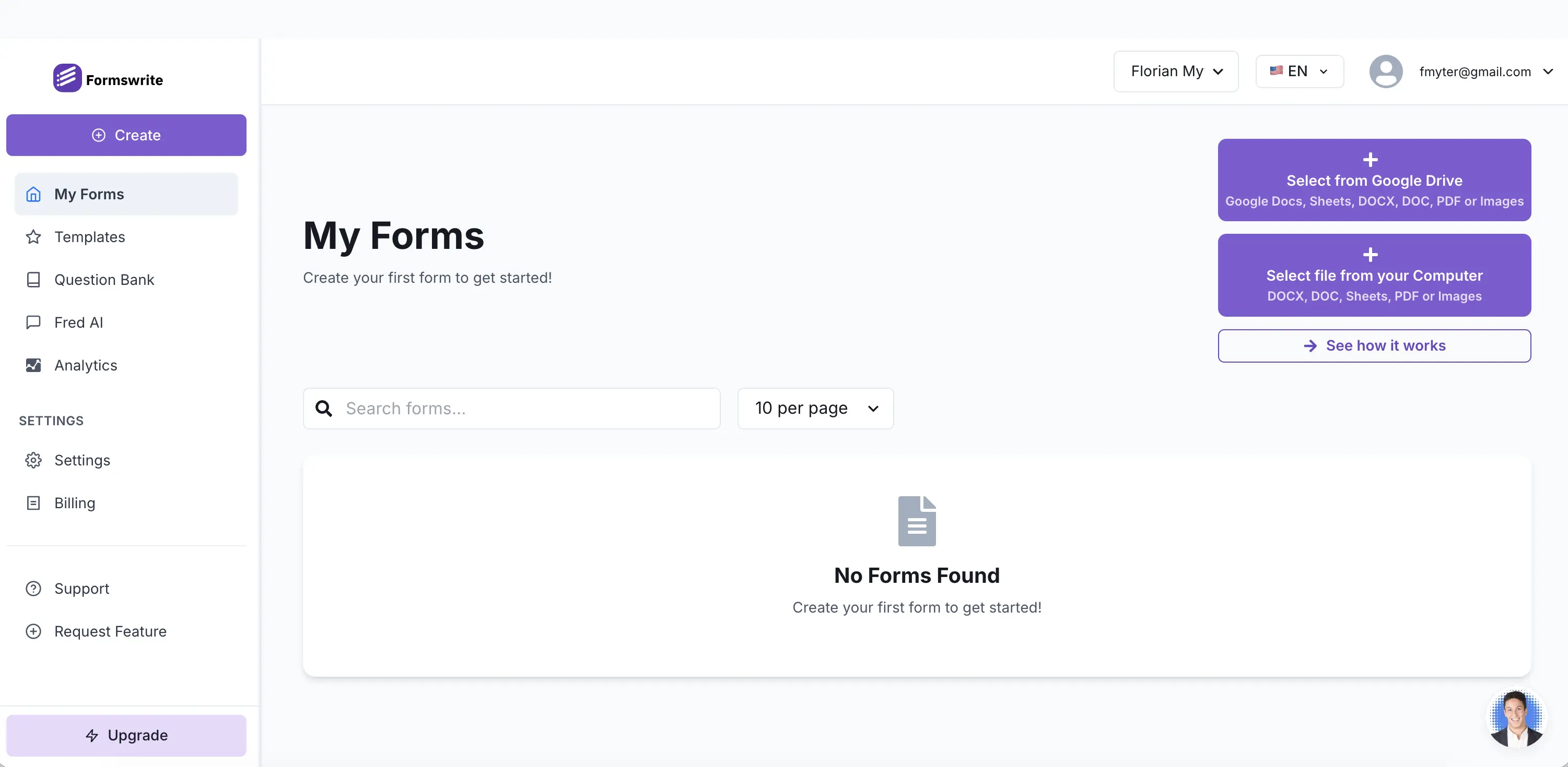 Screenshot of Formswrite dashboard