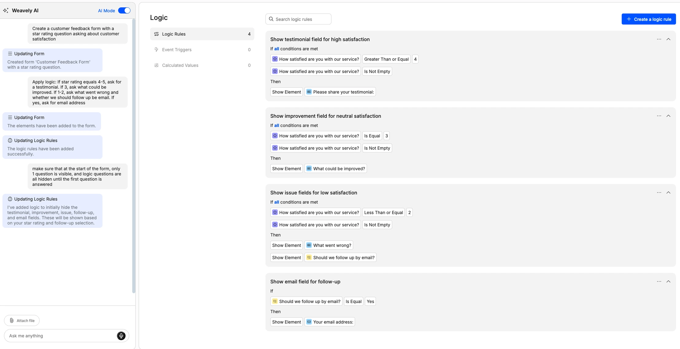 Setting up conditional logic with the help of AI in Weavely