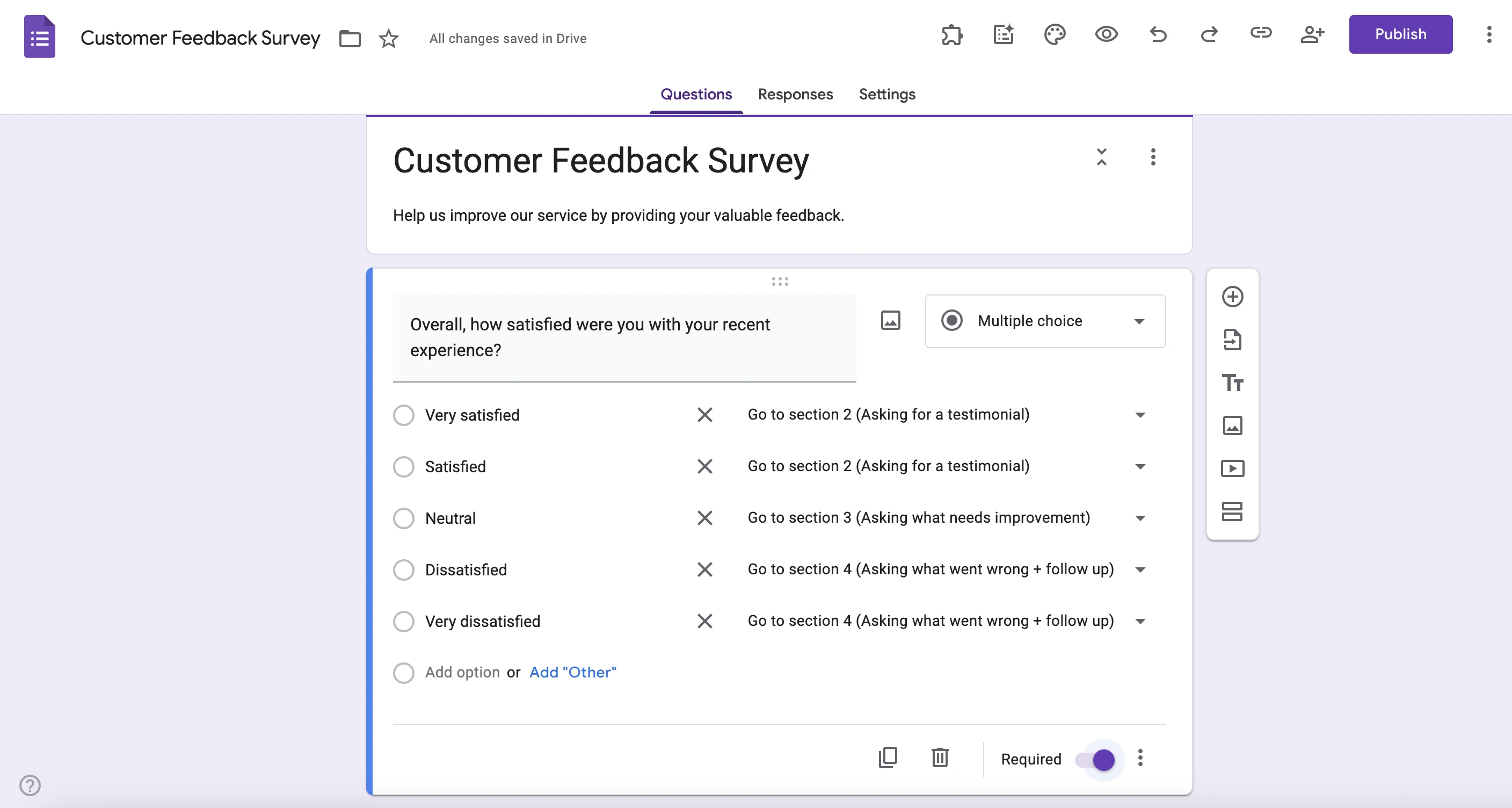 Setting up a conditional form in Google Forms by routing respondents to dedicated sections based on the answers
