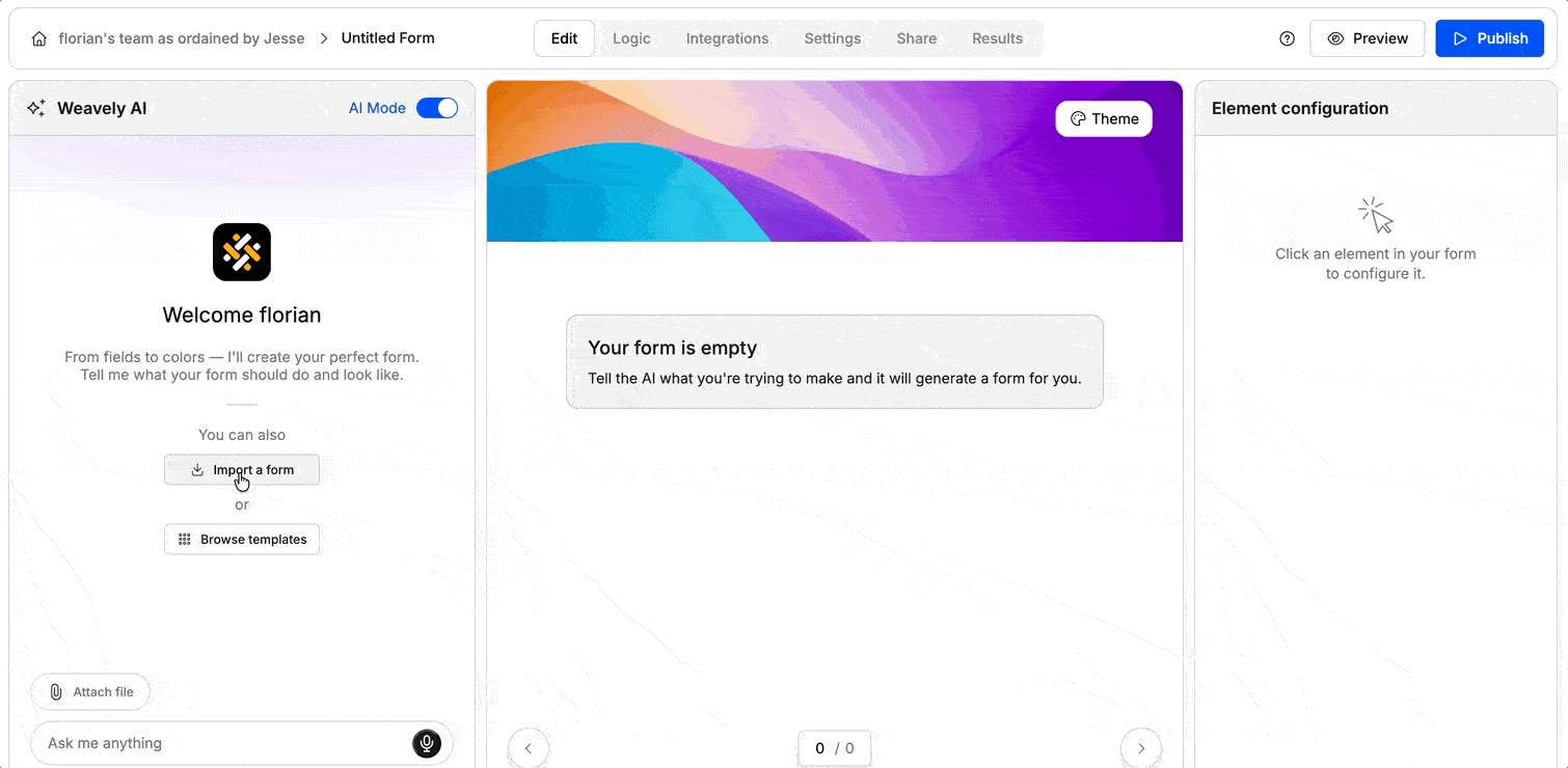 Animated screenshot showing how to connect a Google Forms account to weavely.ai
