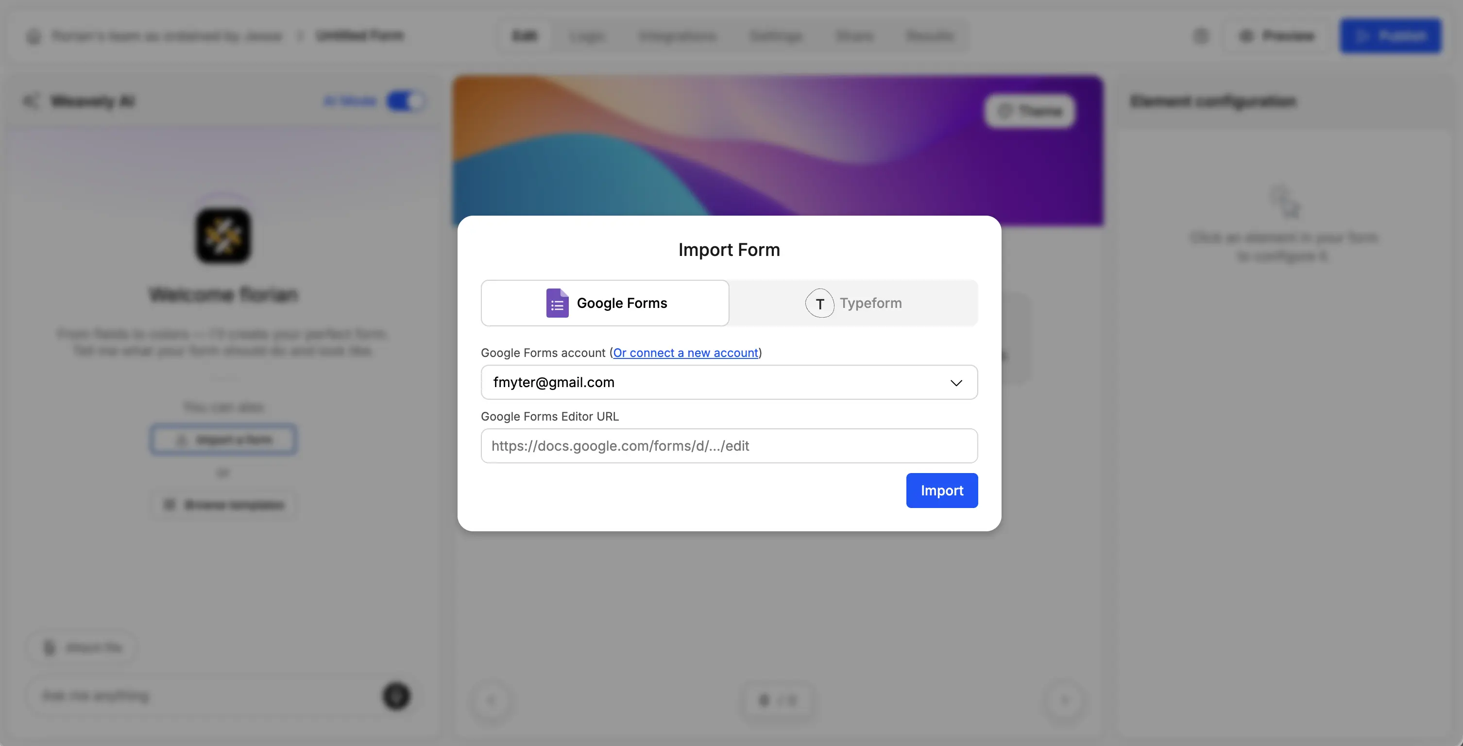 Screenshot from Weavely.ai showing how to import a Google Form for translation into another language