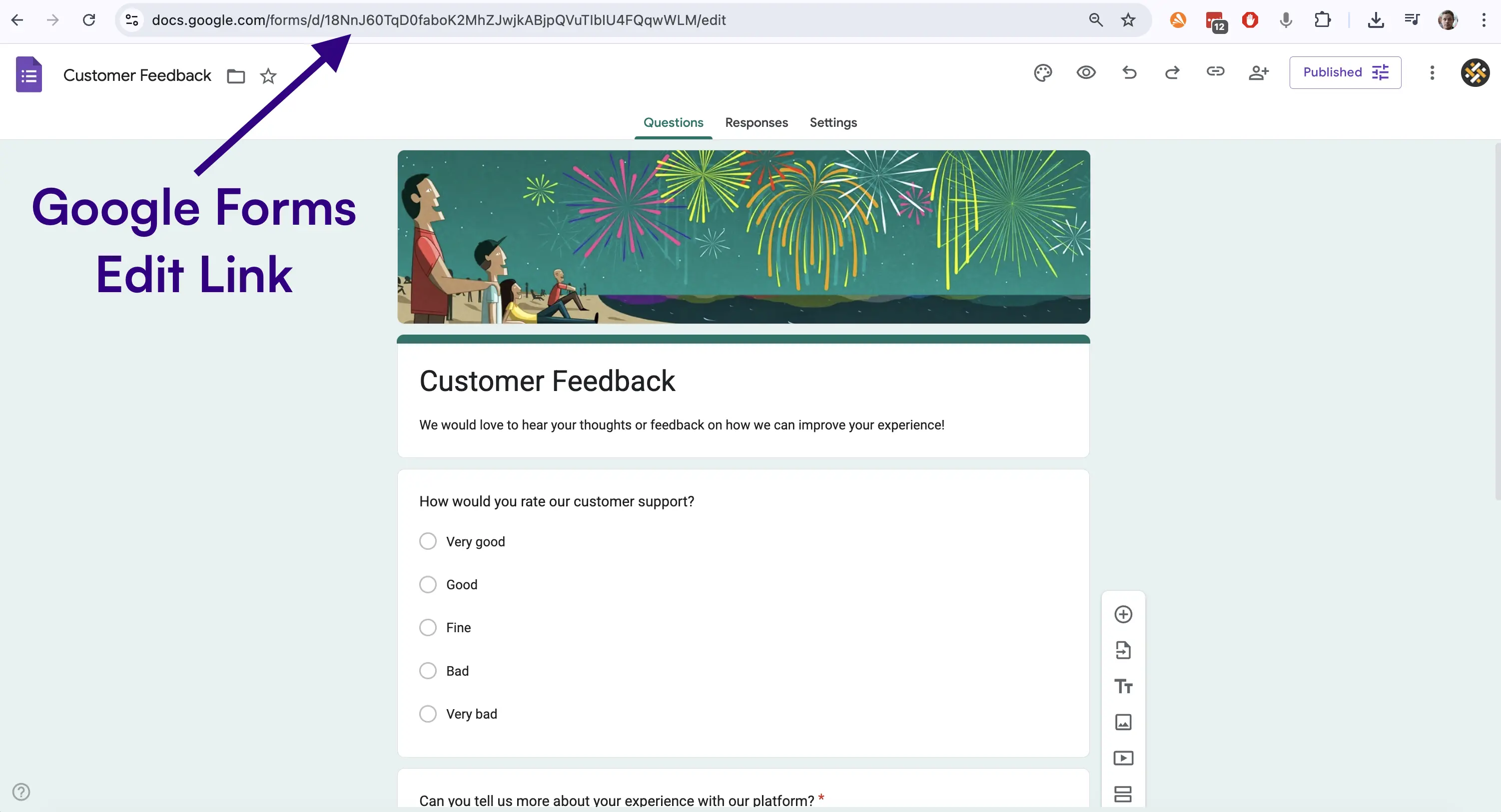 Screenshot showing where to find a Google Form's edit link