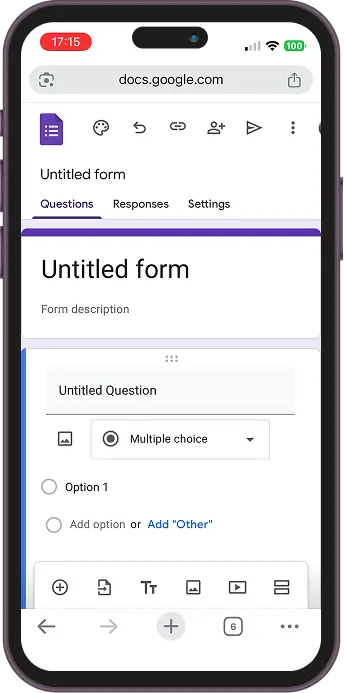 Screenshot showing the Google Forms App on mobile