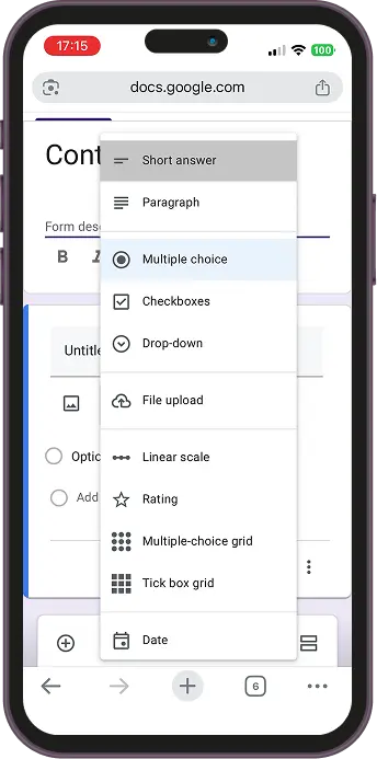 Screenshot showing the process of picking a form component for Google Forms on mobile