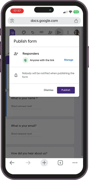 Screenshot showing how to publish a Google Form on mobile.